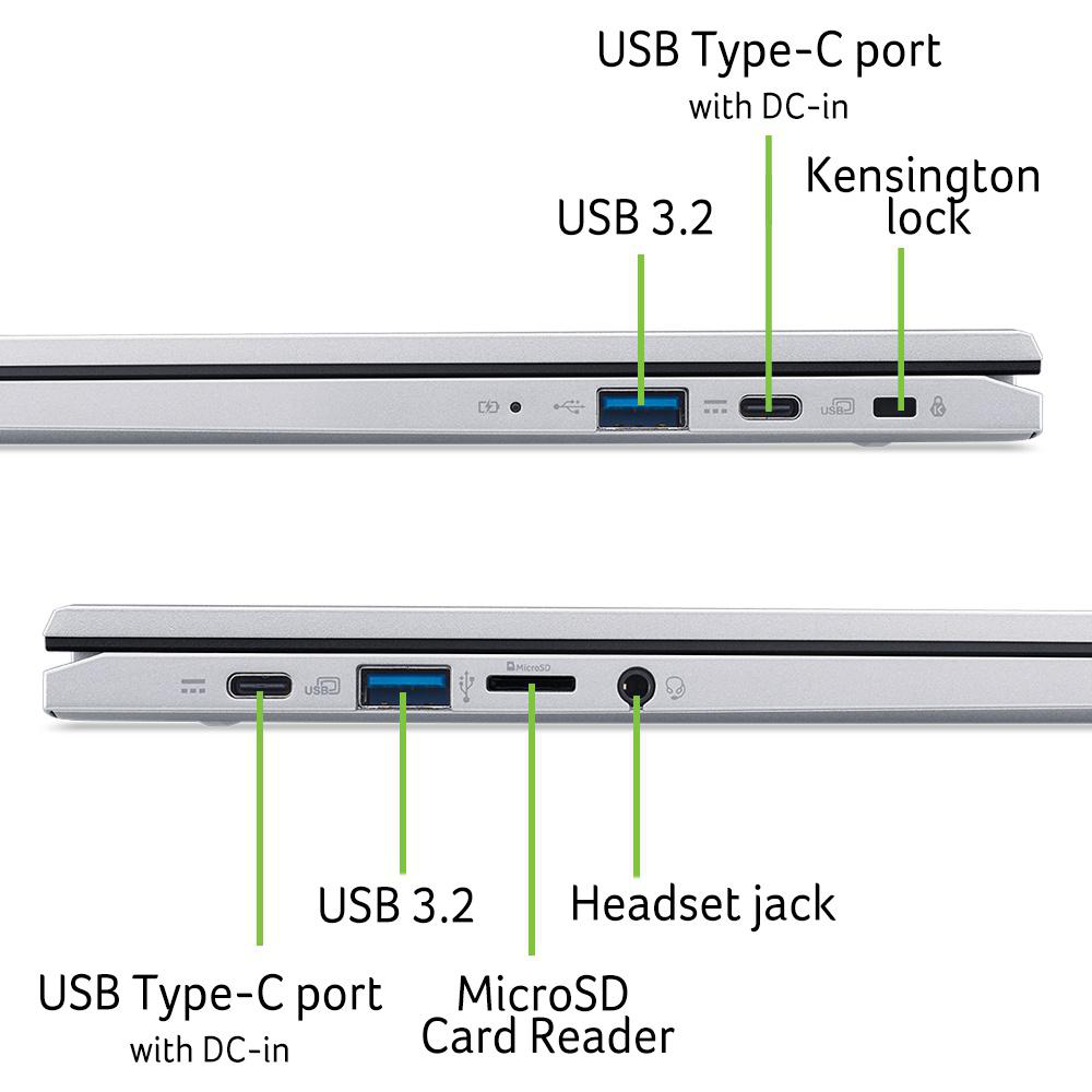 Nahaufnahme der Laptop-Anschlüsse: USB, USB-C, Kensington-Schloss, Kartenleser, Etiketten.