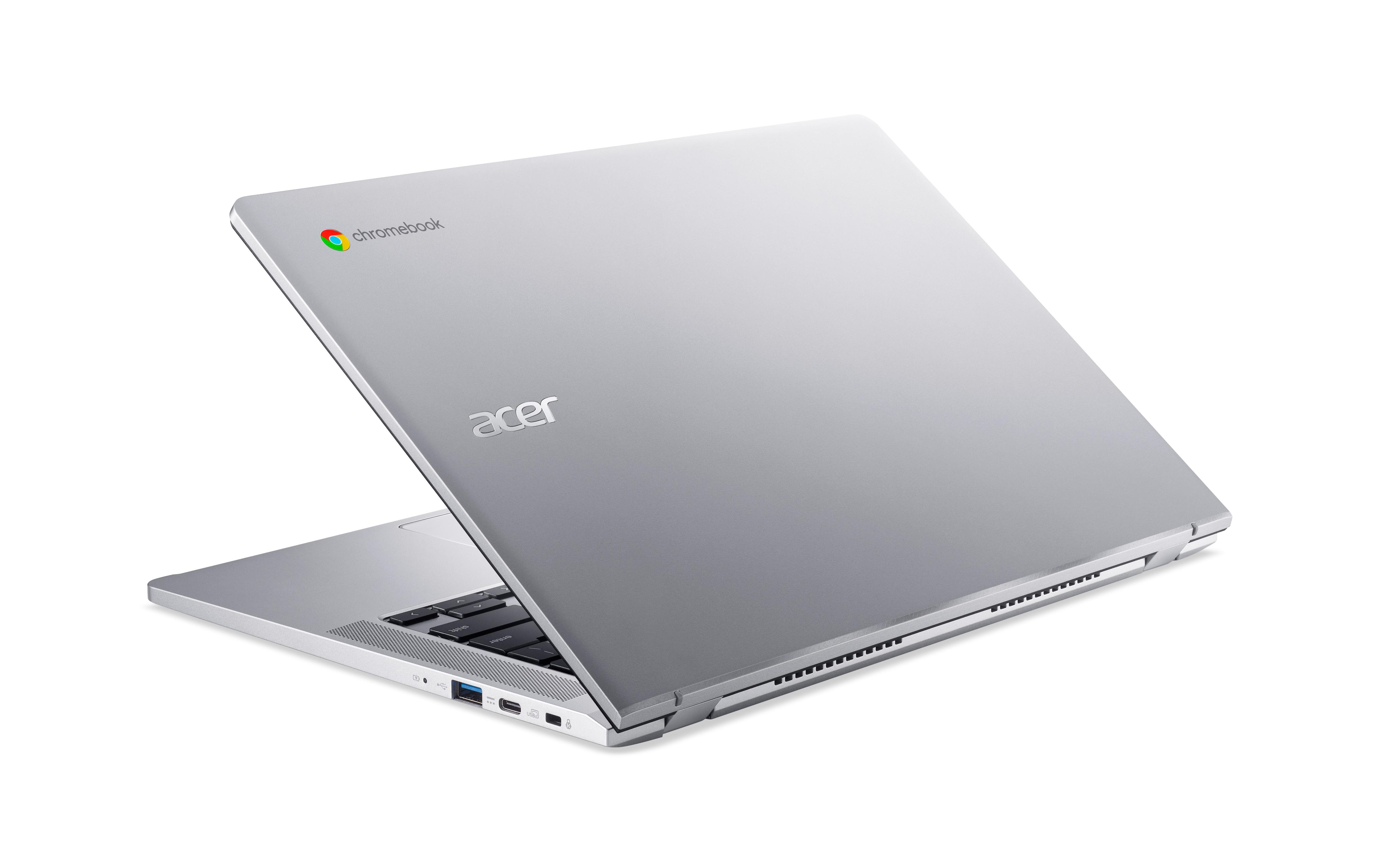 Ein Acer Chromebook Laptop, geöffnet, zeigt Tastatur und Bildschirm aus einem Seitenwinkel.