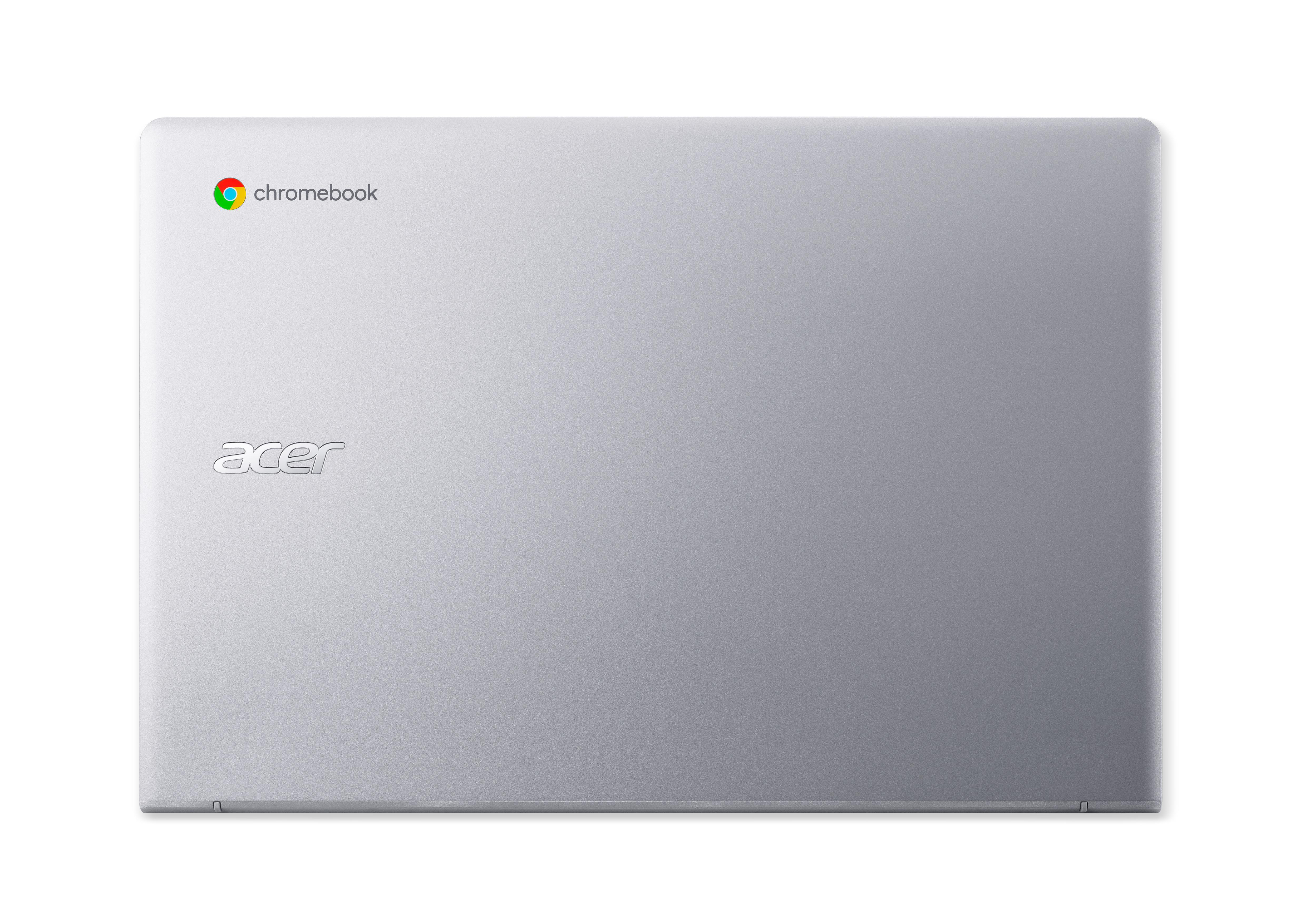 Laptop, geschlossen. Die Oberseite ist silberfarben mit dem 'chromebook'-Logo und dem 'acer'-Logo.