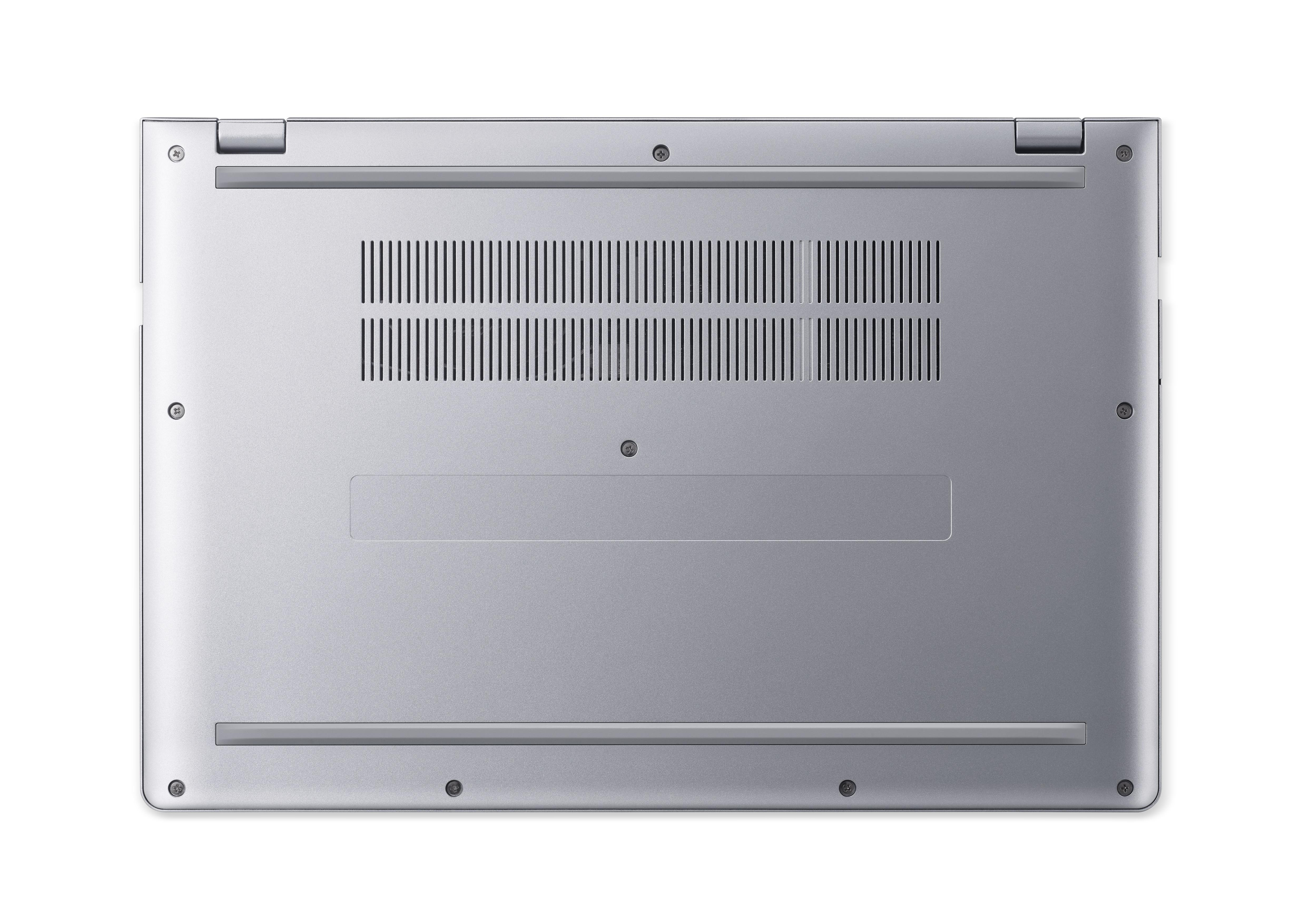 Die Unterseite eines silbernen Laptops mit Lüftungsschlitzen und Schrauben auf weißem Hintergrund.