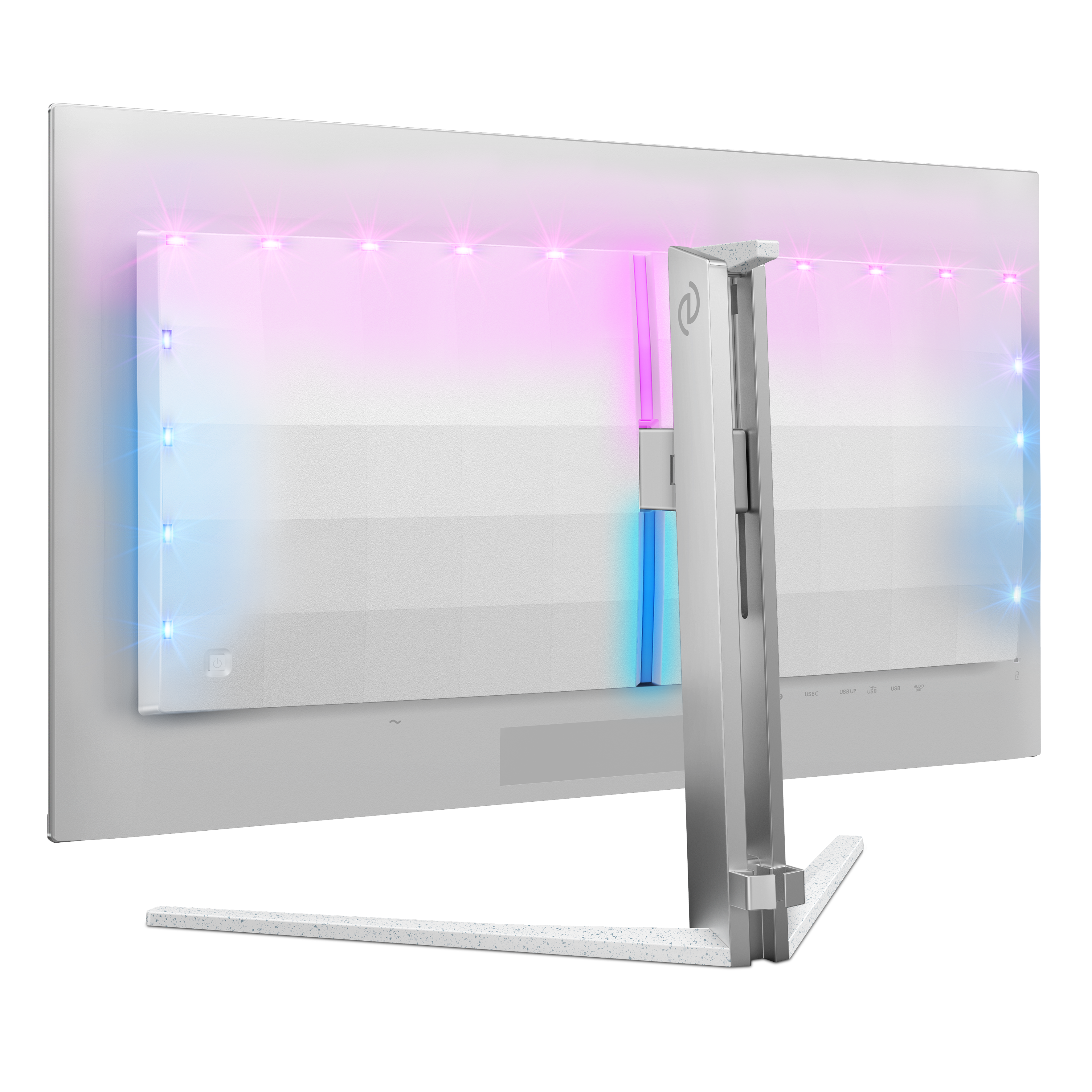 Die Rückseite eines weißen Computermonitors mit farbigen Lichtern.