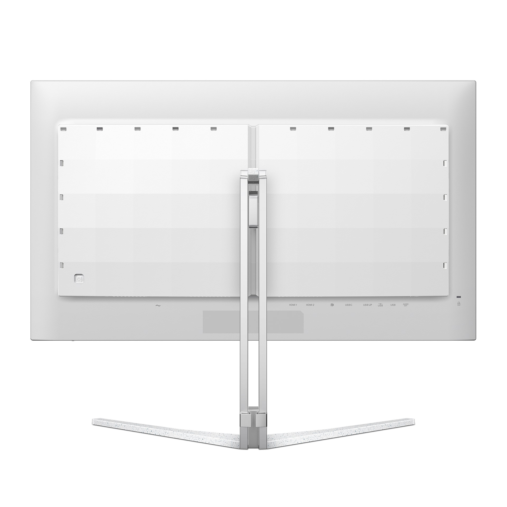 Rückansicht eines weißen Computermonitors mit Ständer.