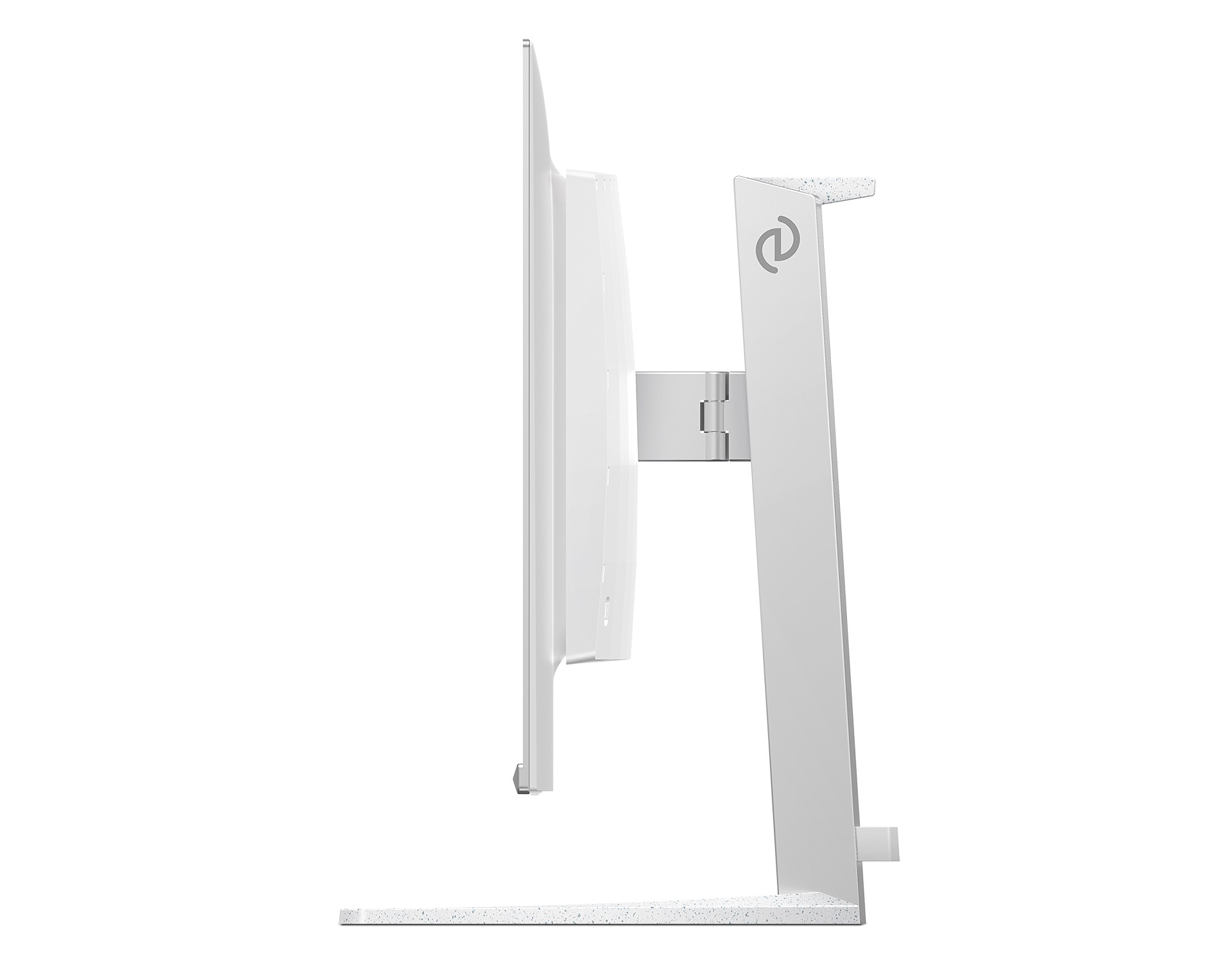 Weißer Computermonitor. Seitenansicht von Bildschirm, Ständer und Basis.