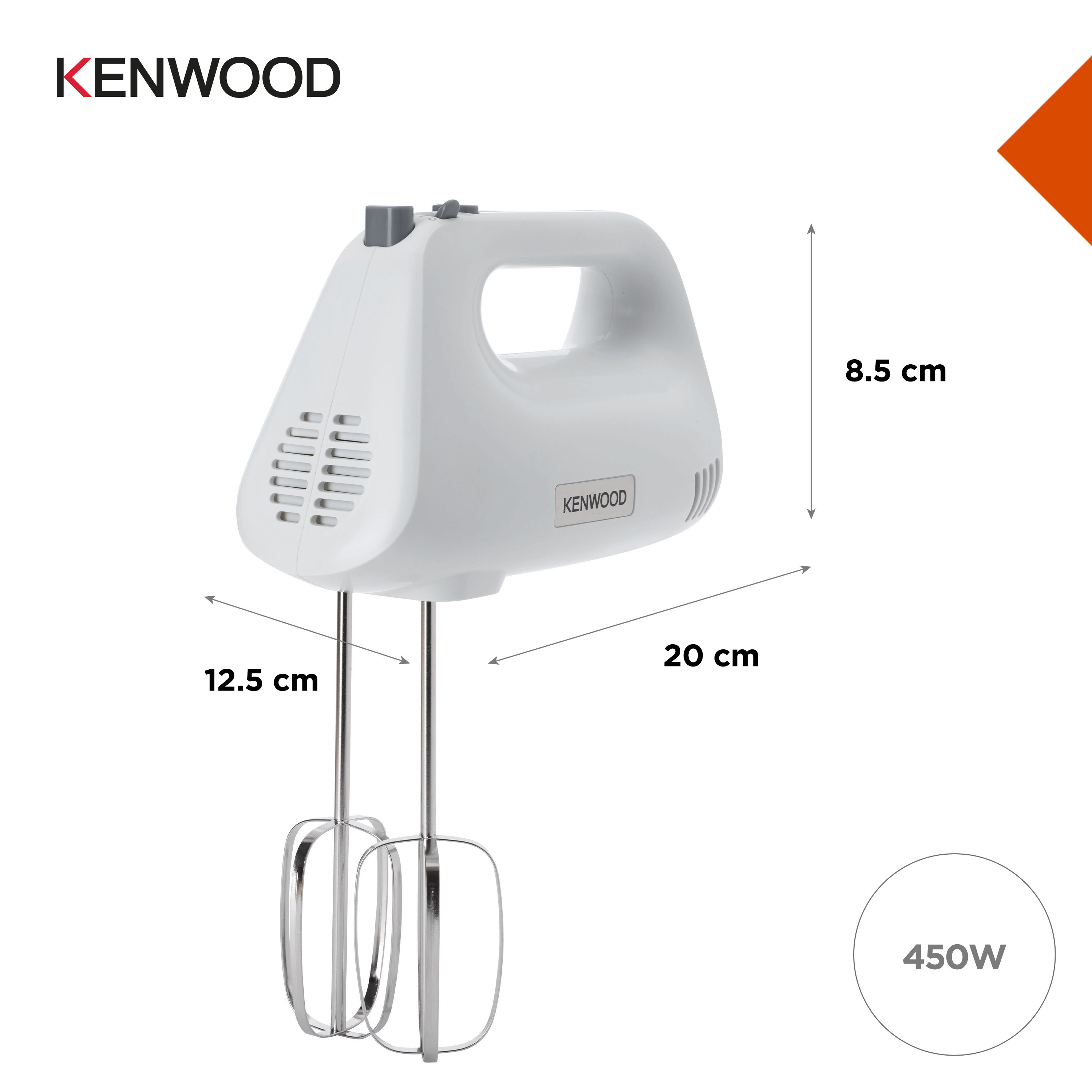 Weißer Kenwood Handmixer mit Maßen. Er hat einen Griff und zwei Quirl.