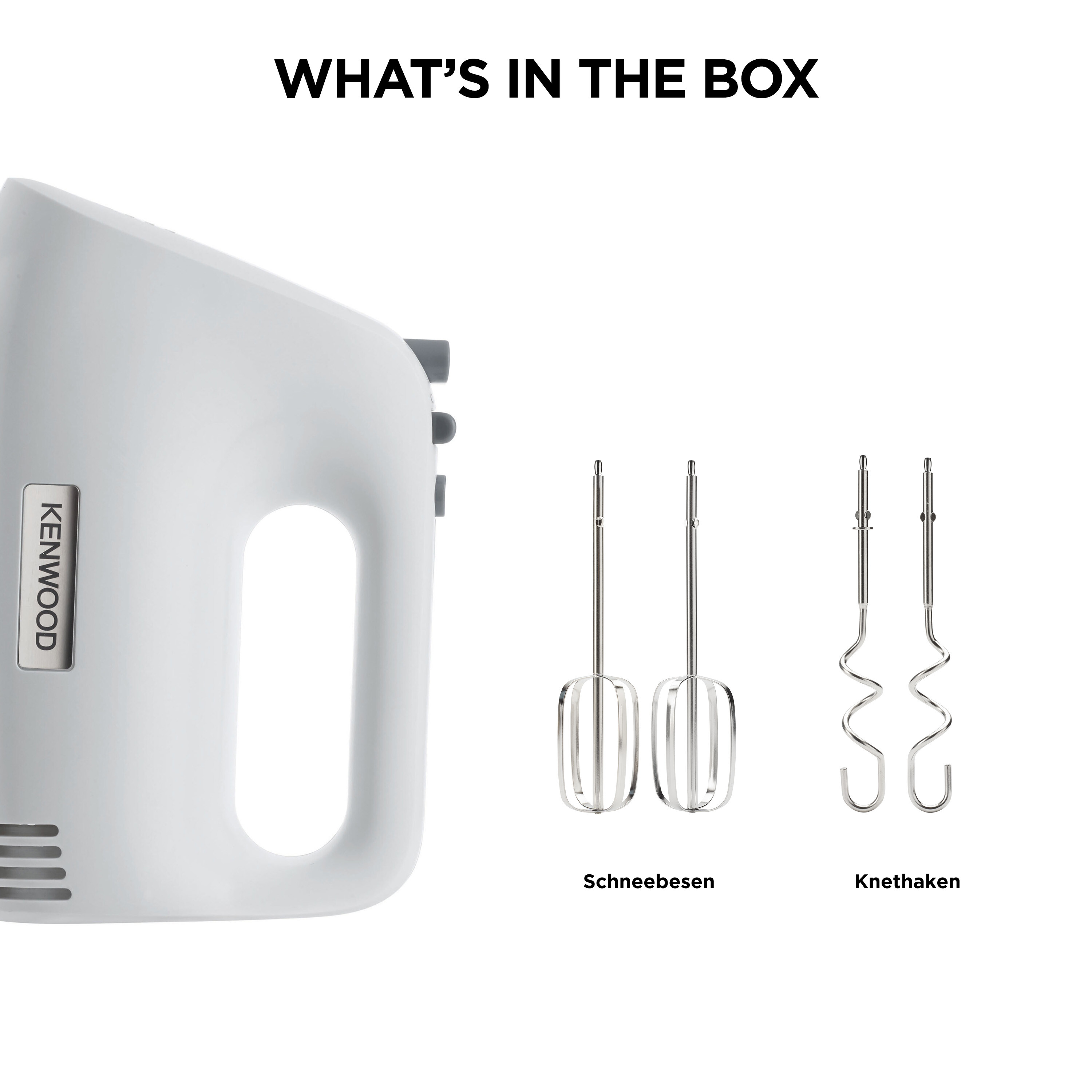 Weißer Handmixer mit Rührbesen und Knethaken, mit Text 'WAS IST IN DER BOX'.