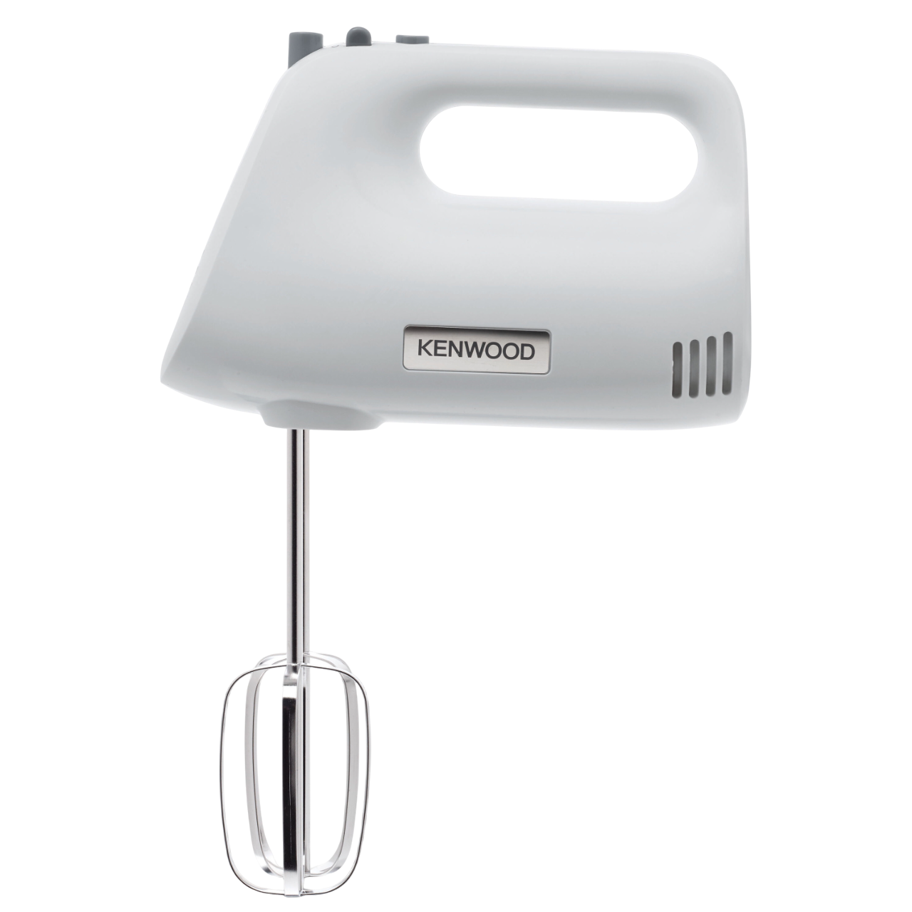 Weißer Kenwood Handmixer. Er hat einen Griff, zwei Schläger und das Kenwood-Logo.