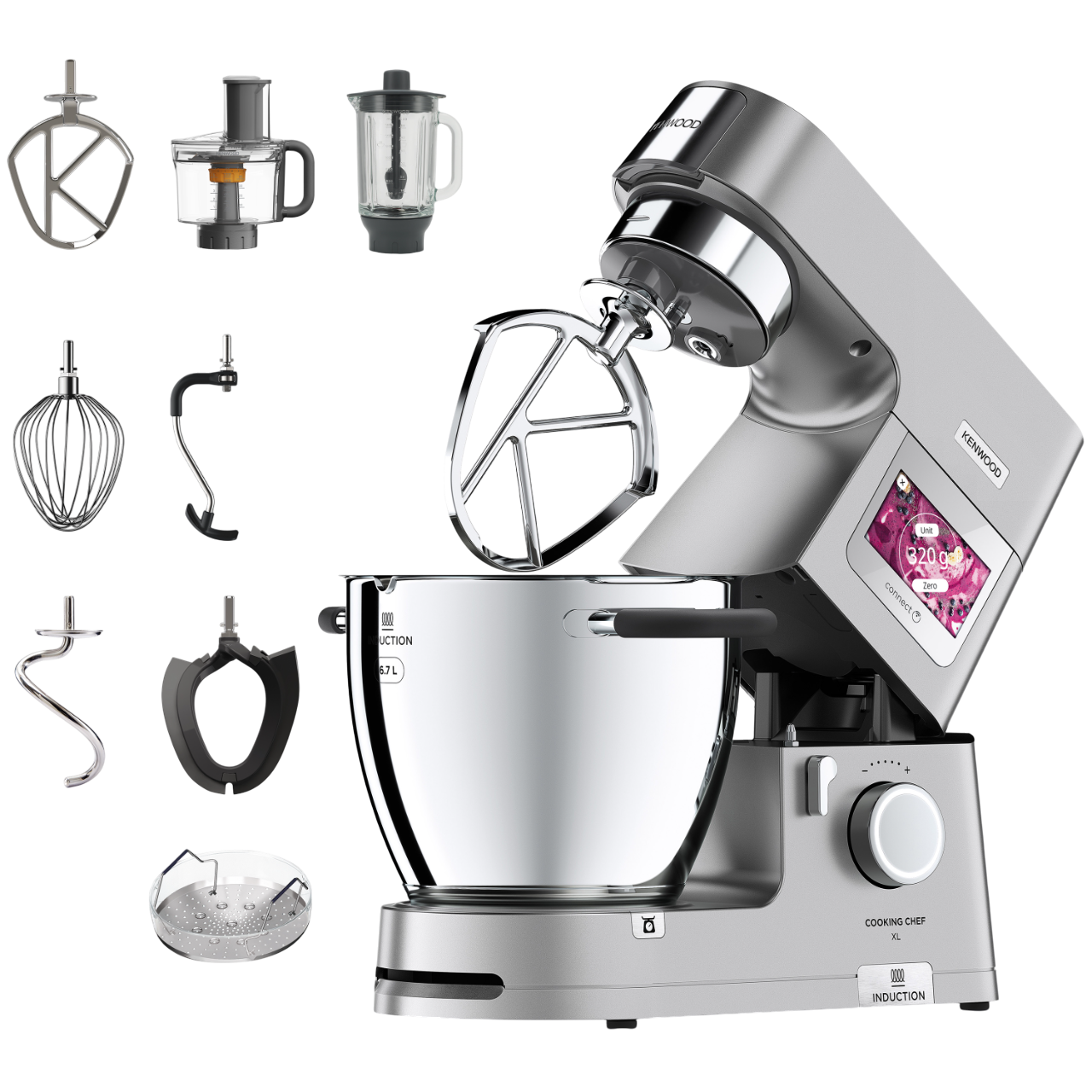 Ein silberner Kenwood Cooking Chef XL mit Aufsätzen. Es gibt verschiedene Aufsätze darum herum.