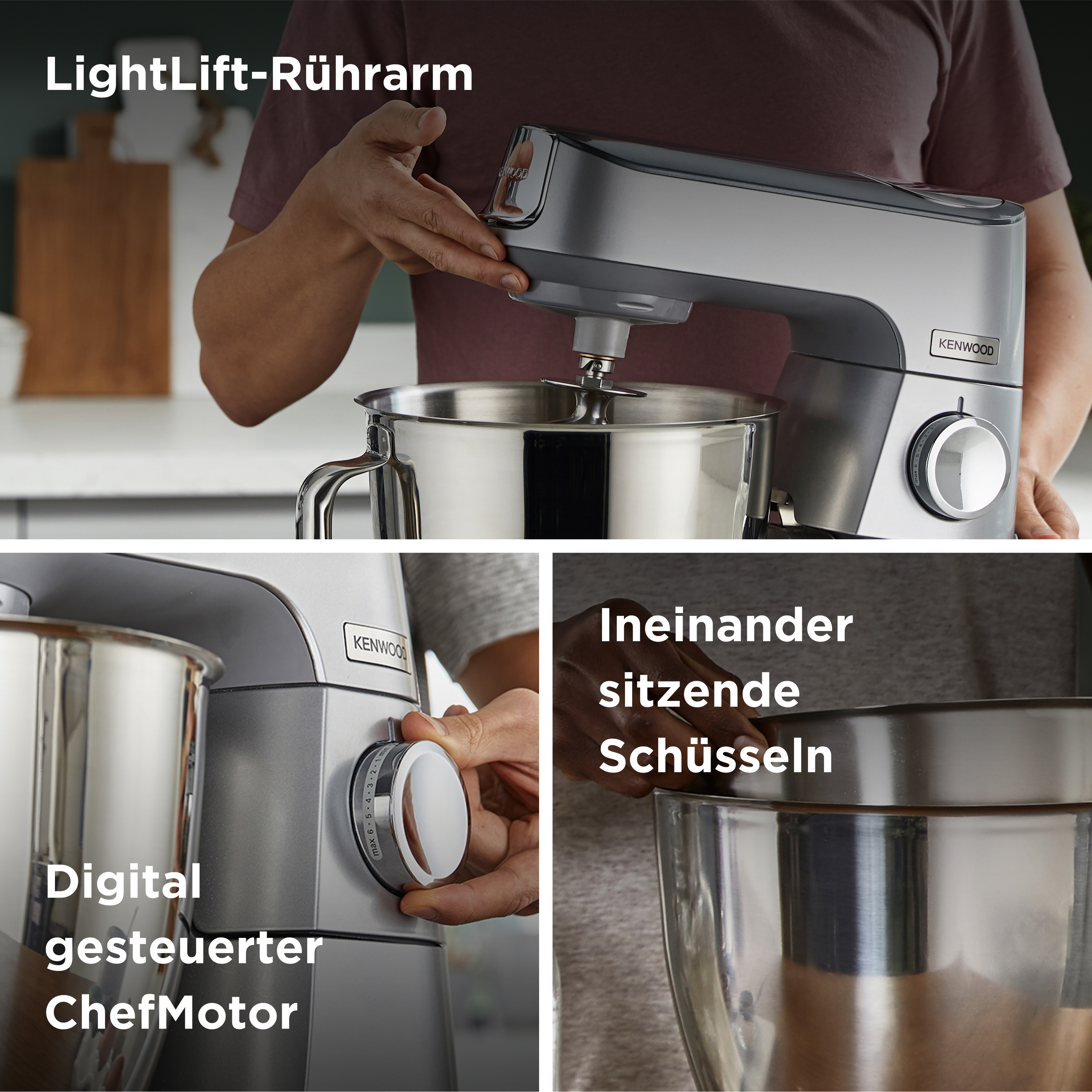Eine Person benutzt einen Kenwood Küchenmixer, wobei der Rührarm und der Drehregler gezeigt werden.