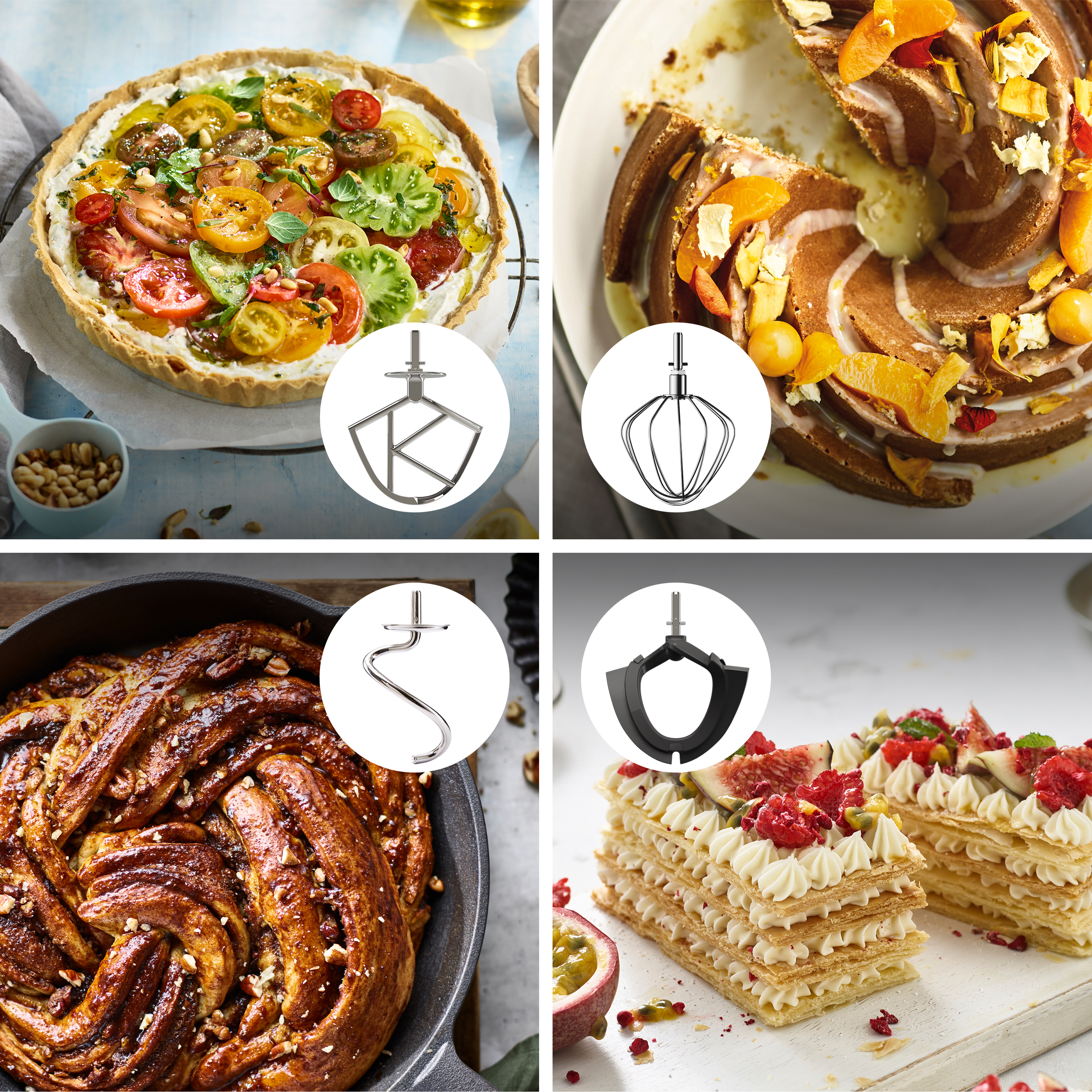 Vier Bilder: Torten, Mixaufsätze und Kuchen.