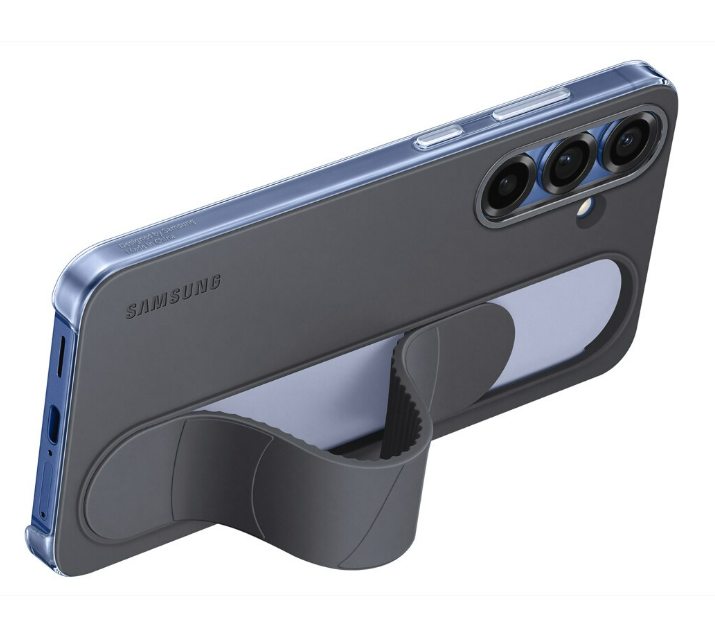 Eine graue Samsung-Handyhülle mit Ständer. Die Hülle liegt auf der Seite und zeigt eine Kamera.