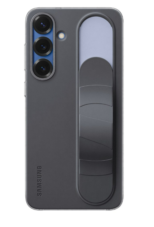 Graues Telefon mit drei Kameralinsen, blauem Licht und schwarzem Griff.