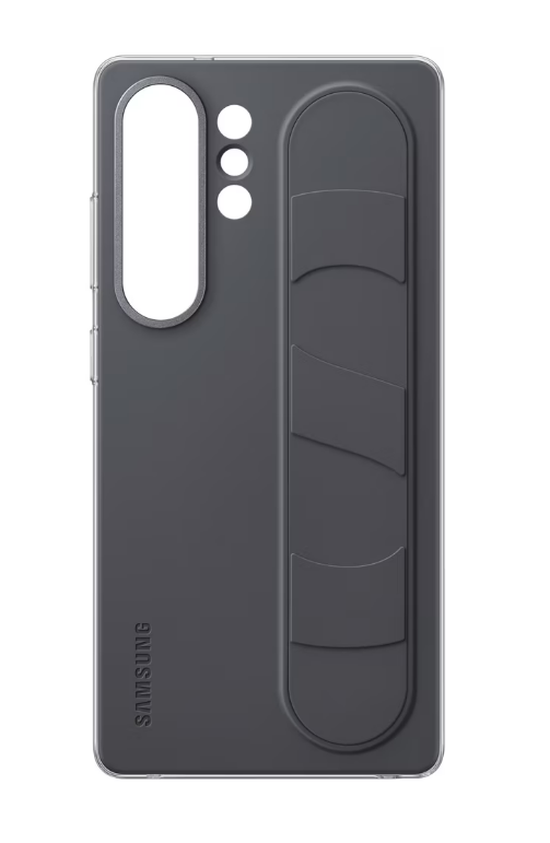 Eine graue Handyhülle mit Aussparung und Handschlaufendesign, SAMSUNG-Logo sichtbar.