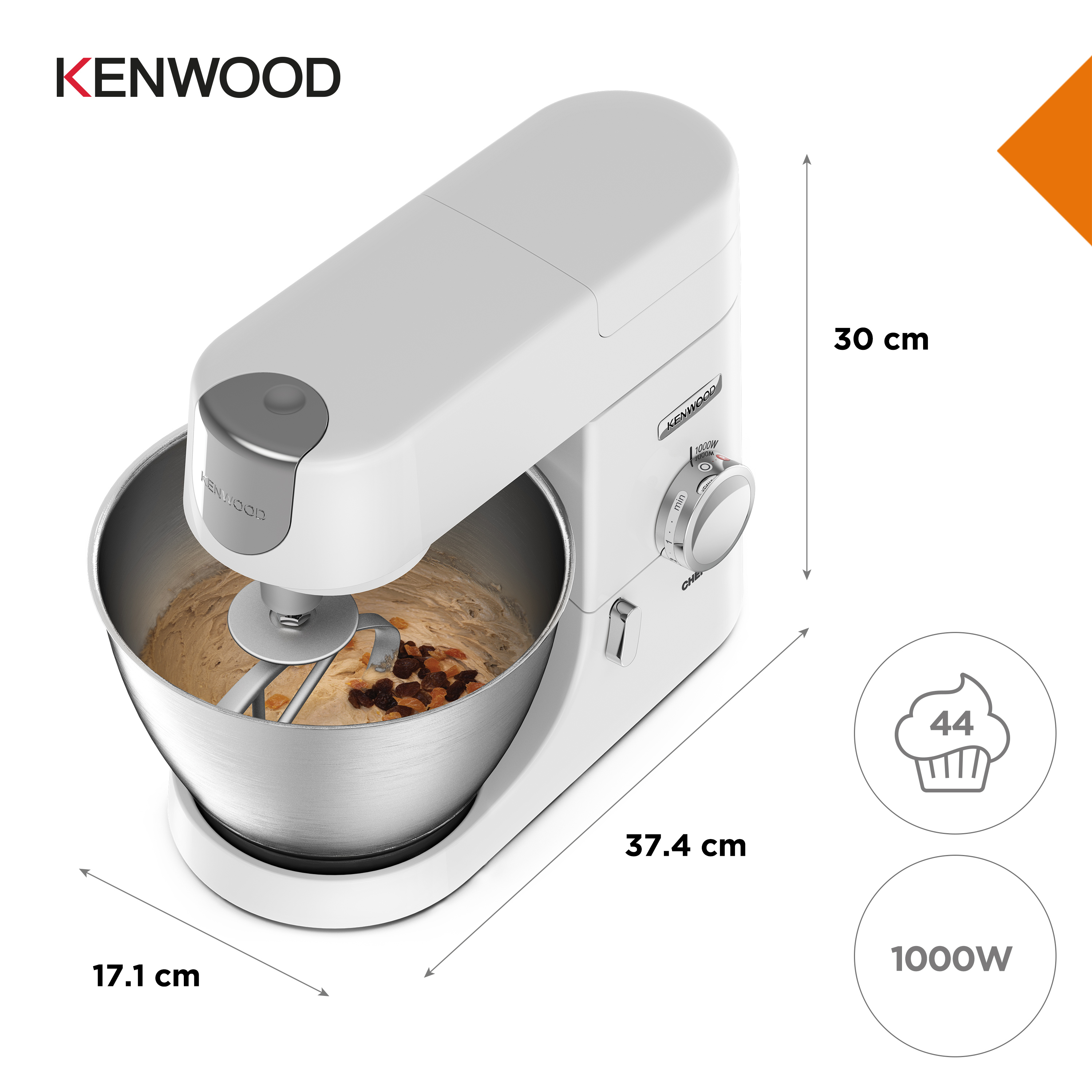 Weißer Kenwood-Küchenmixer mit Schüssel mit Teig und Rosinen. Abmessungen und Leistung sind angegeben.