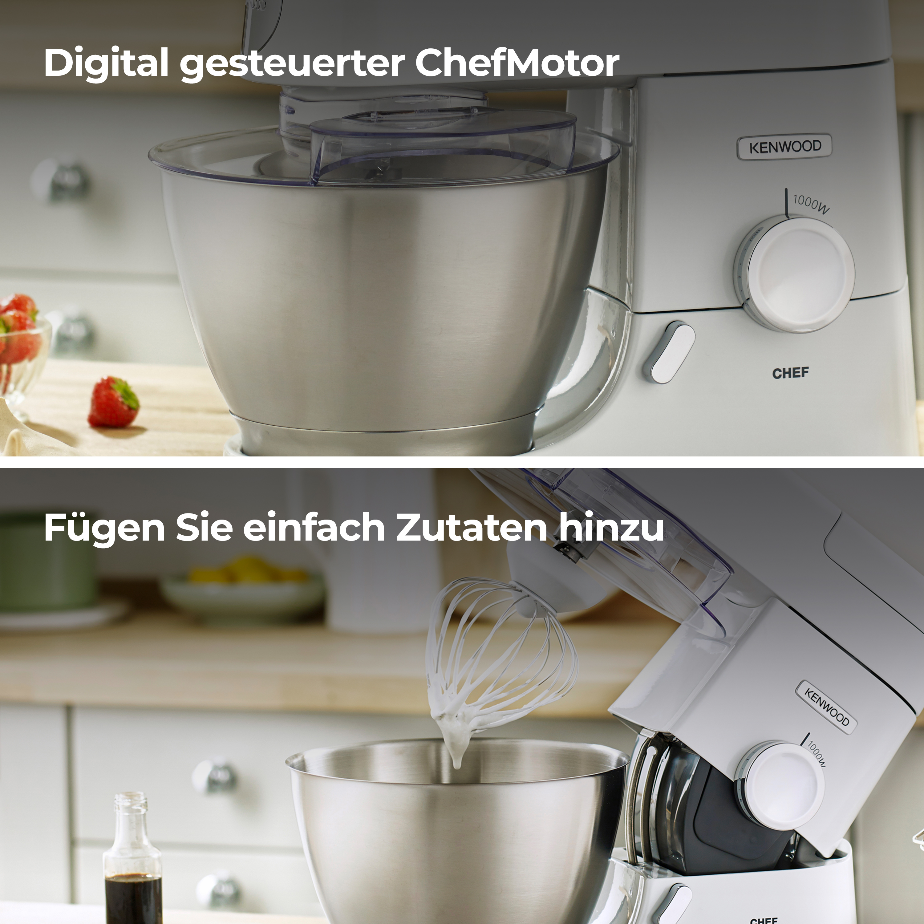 Nahaufnahme eines silbernen Küchenmixers mit Schüssel und Aufsätzen, Erdbeeren daneben.