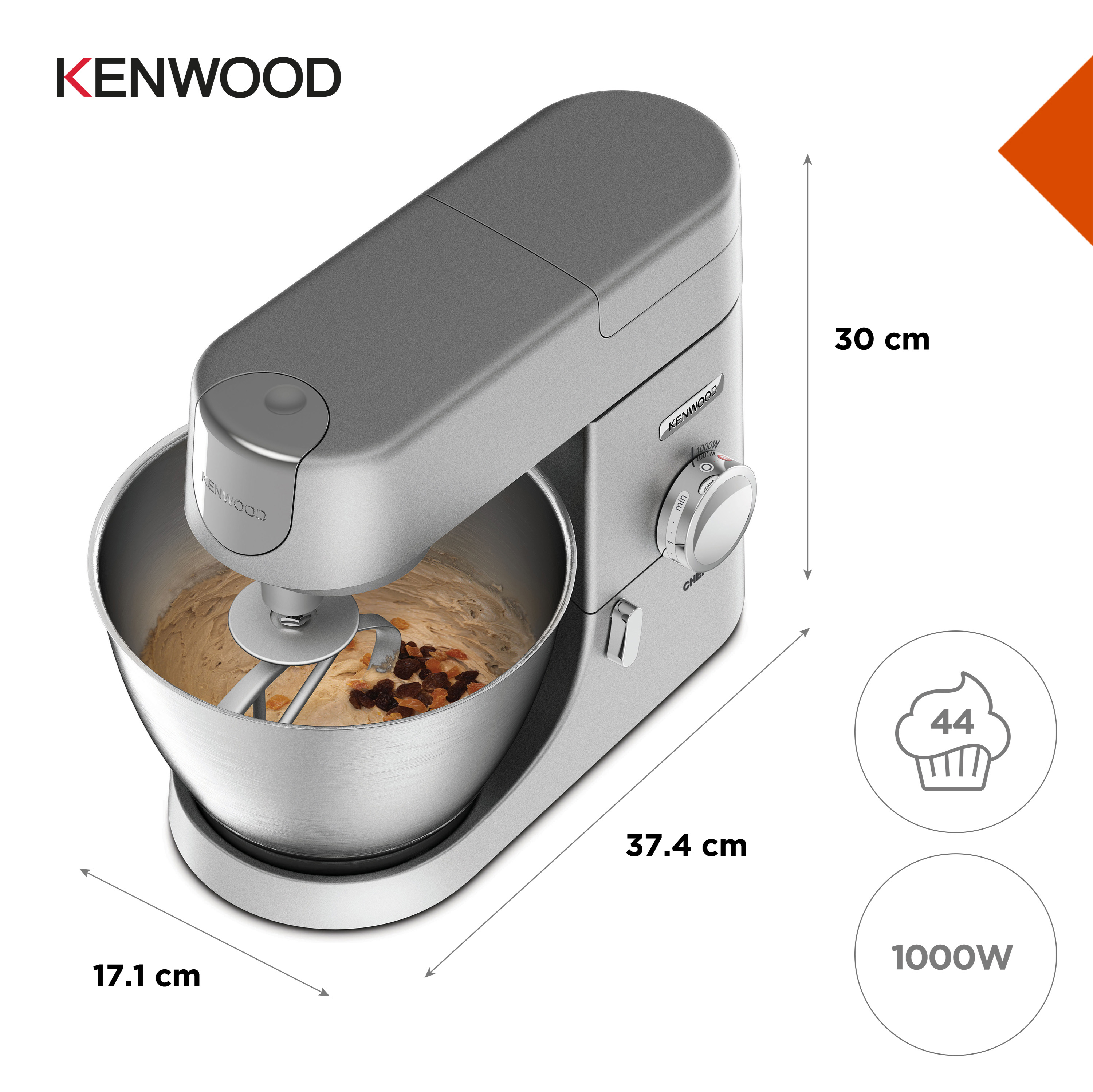Silberner Kenwood-Küchenmixer, Abmessungen gezeigt.