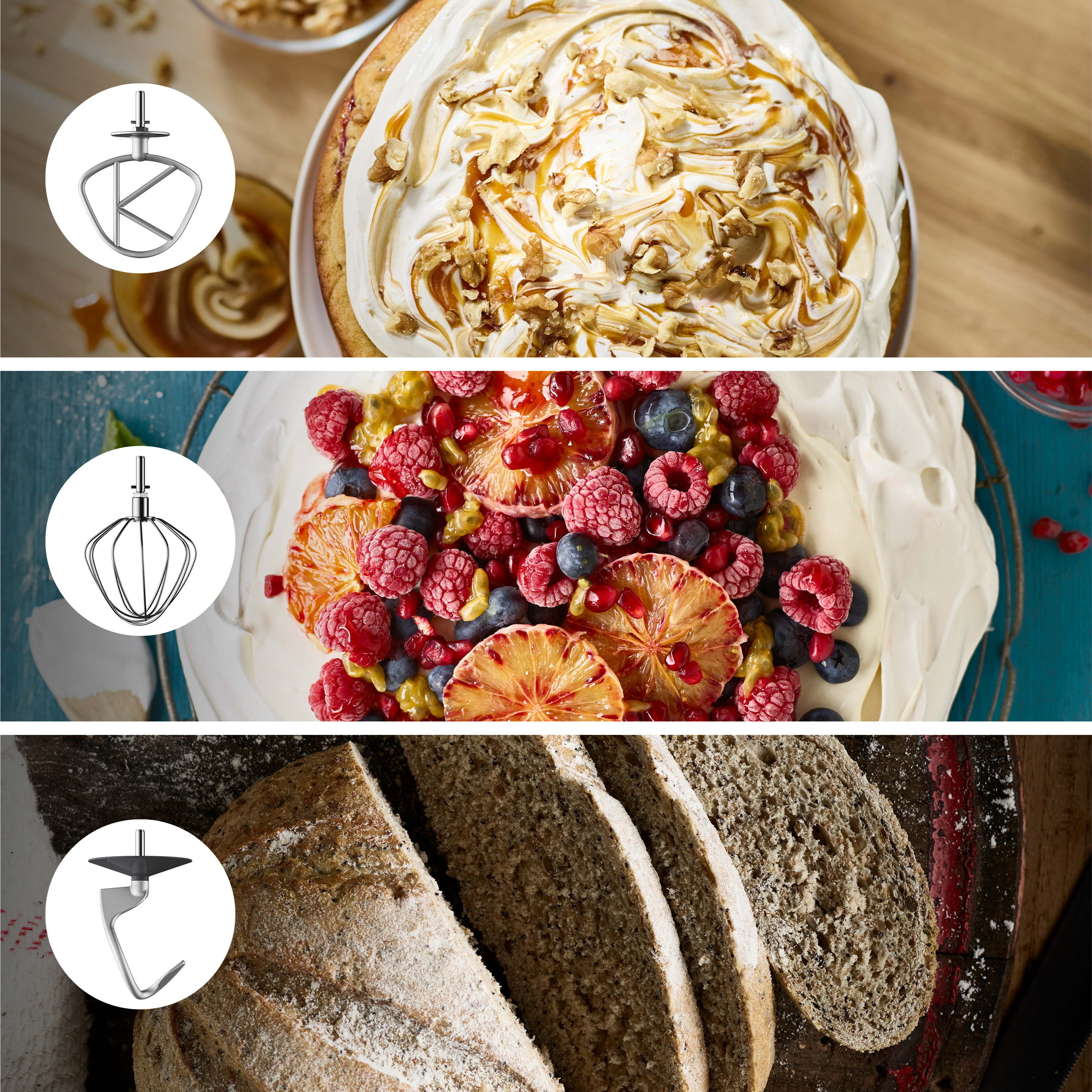 Drei Bilder von Essen und Küchenutensilien. Verschiedene Zutaten und Werkzeuge werden gezeigt.