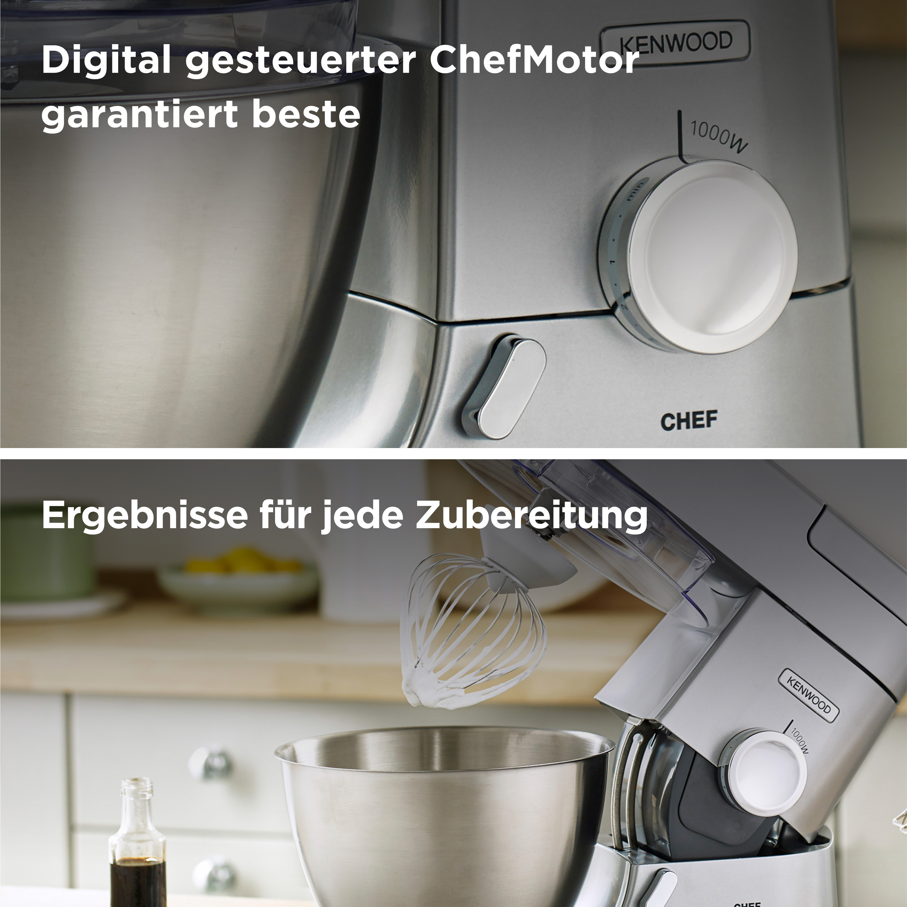 Nahaufnahme eines Küchengeräts, das den Drehregler und die Rührschüssel zeigt.