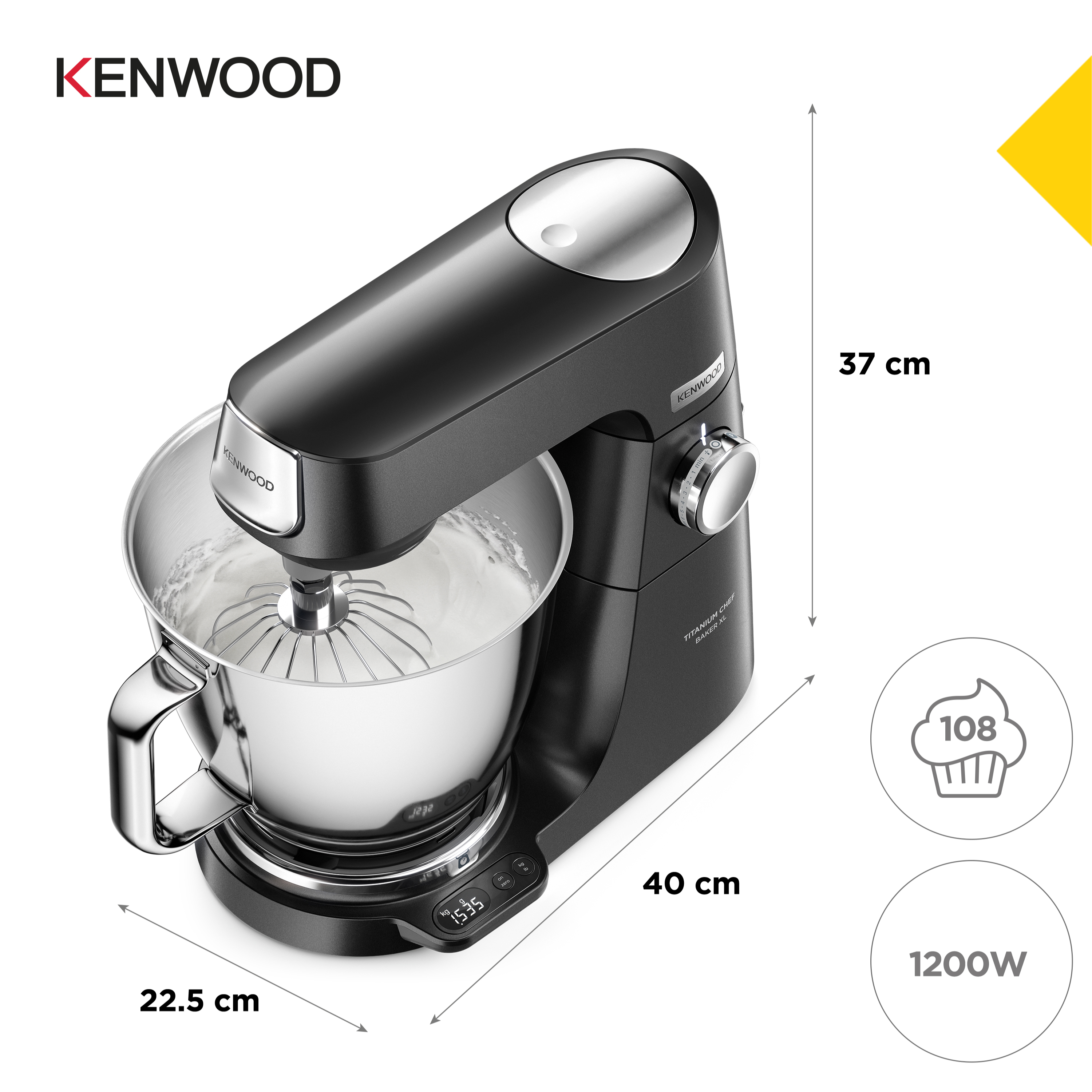 Ein schwarzer Kenwood Küchenmixer mit Messungen und grafischen Details auf weißem Hintergrund.