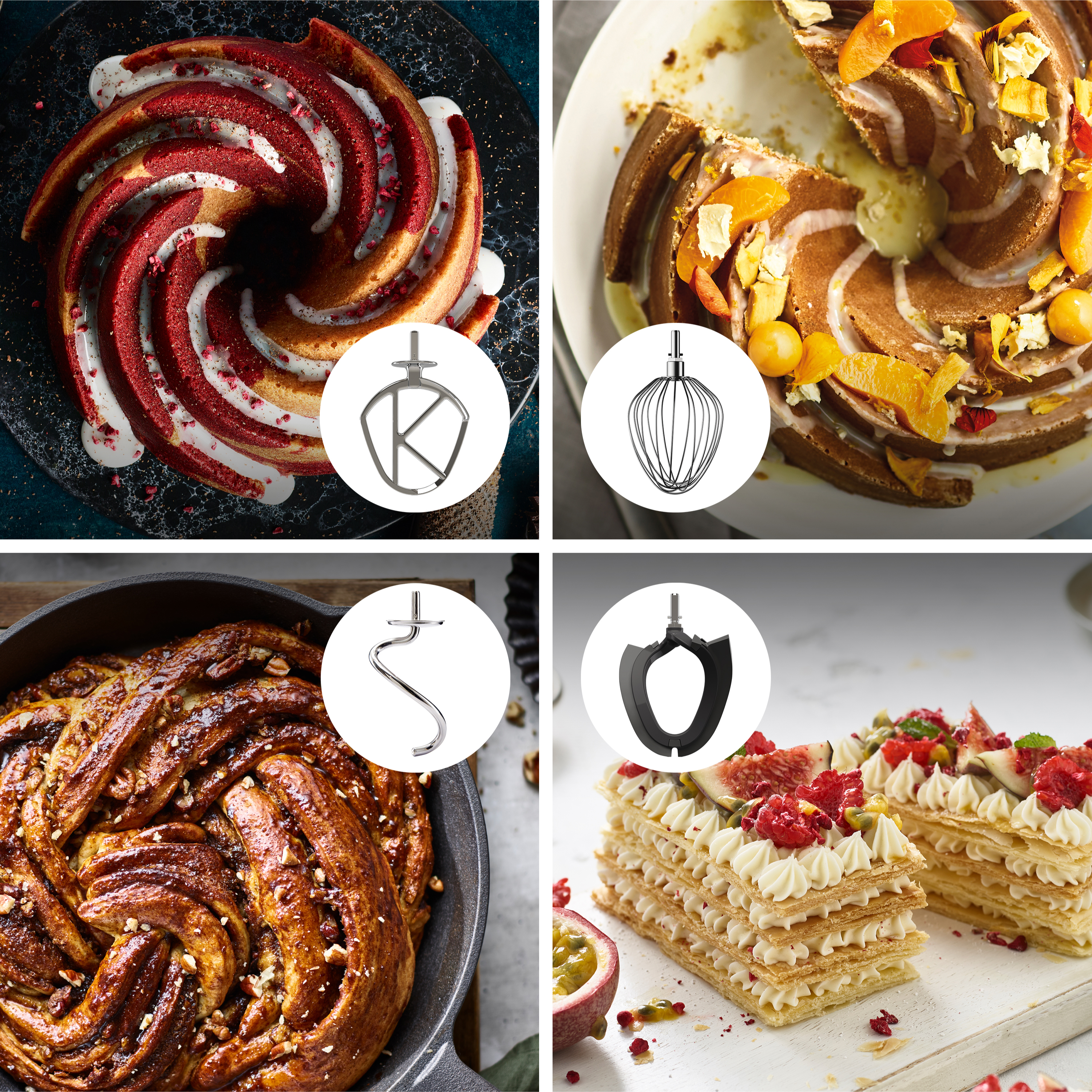Vier Bilder: Gugelhupf, Schneebesen, Brot und Schichtkuchen mit Früchten. Nahaufnahme.