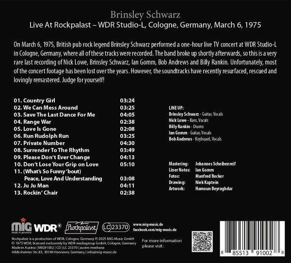 Seite aus einem Brinsley Schwarz Album mit Titelliste, Bandmitgliedern und Details.