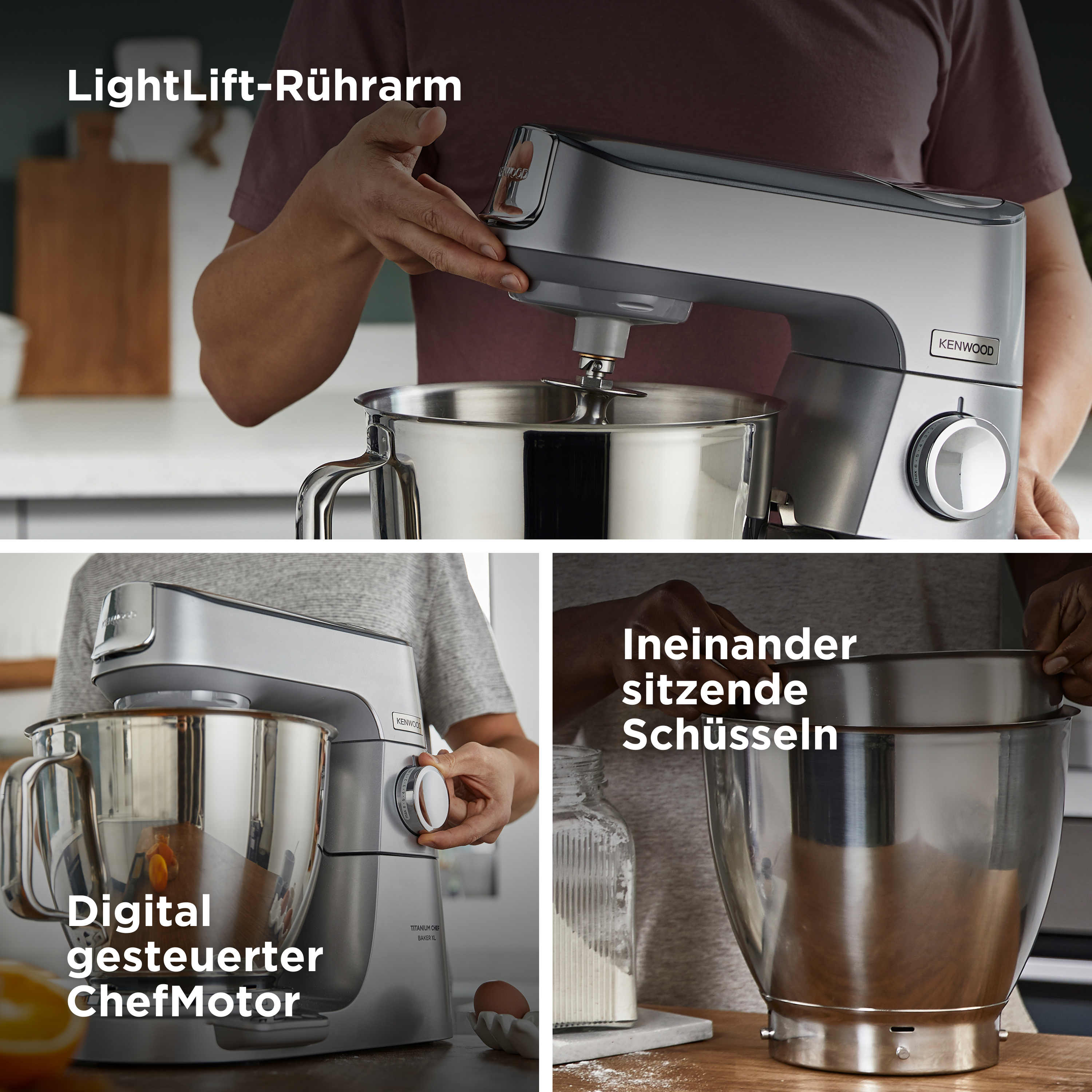 Eine Küchenmaschine mit Rührschüssel, eine Person und verschiedene Ansichten des Mixers.