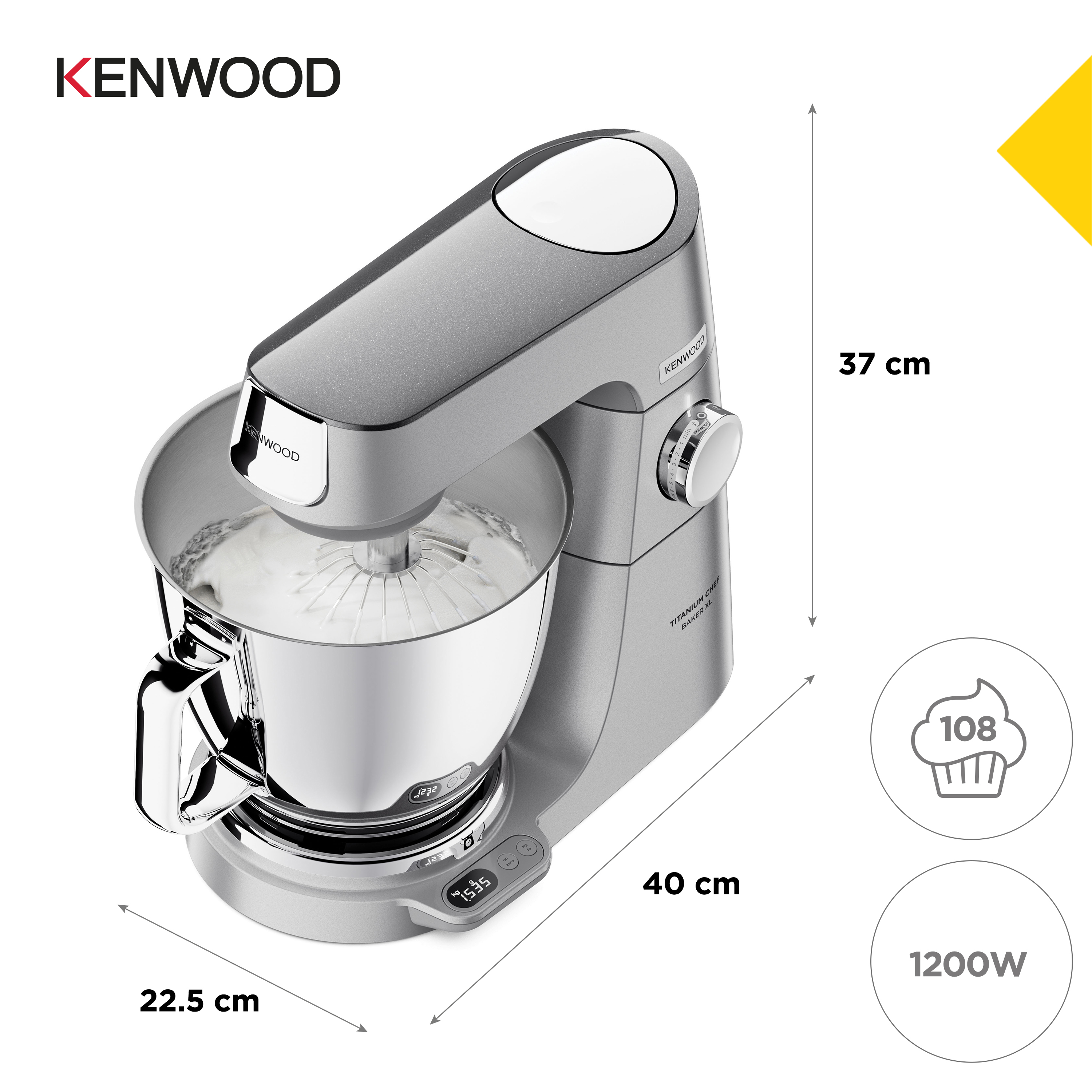 Eine silberne Kenwood Küchenmaschine mit Abmessungen und Leistungsinformationen.