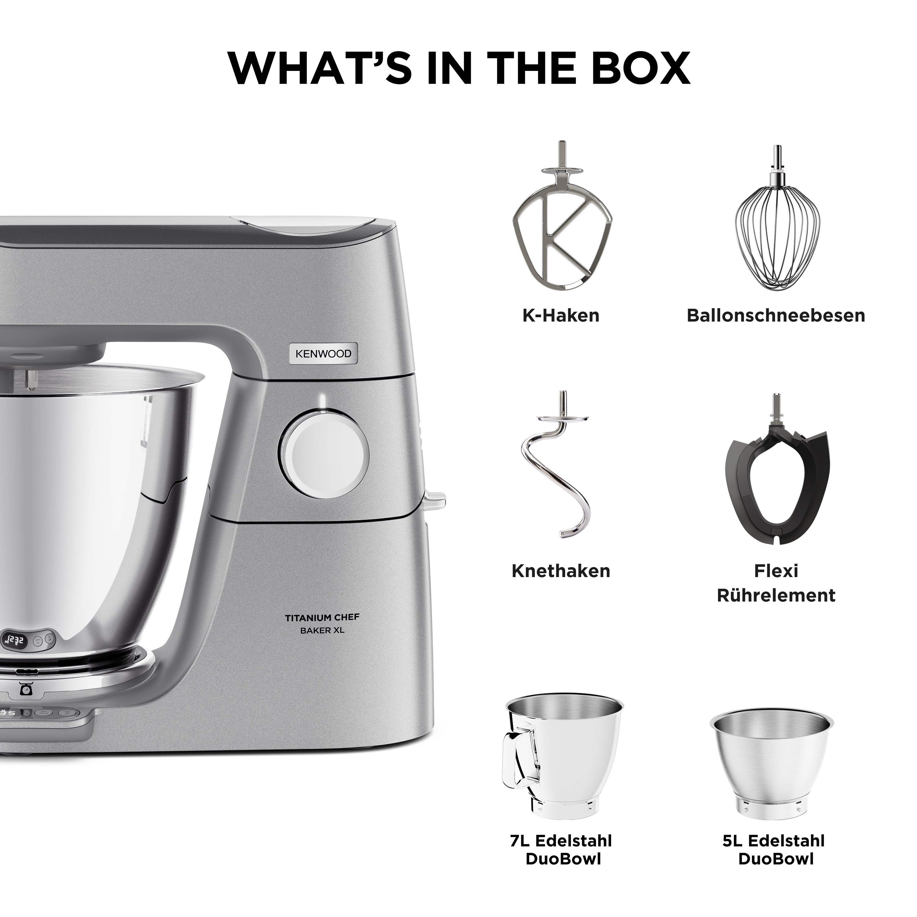 Küchenmixer mit Aufsätzen: K-Haken, Schneebesen, Knethaken, Flexi-Rührelement, Schüsseln.