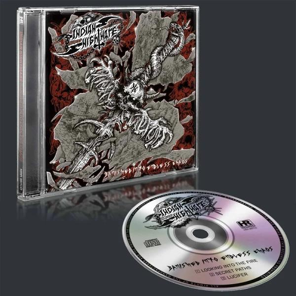 CD-Hülle mit Metallkreuz, Schlange und Text. CD mit gleicher Grafik auf schwarzem Hintergrund.