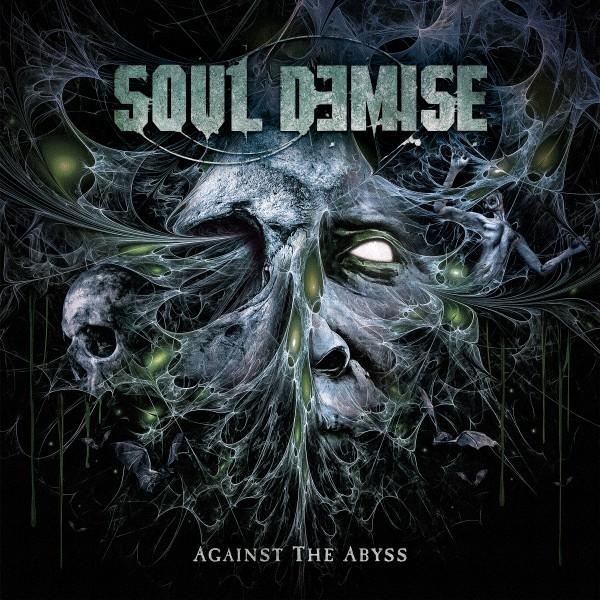 Albumcover, Soul Demise Against The Abyss. Dunkles Artwork, Schädel, Gesicht, kompliziertes Webdesign, dunkler Hintergrund.