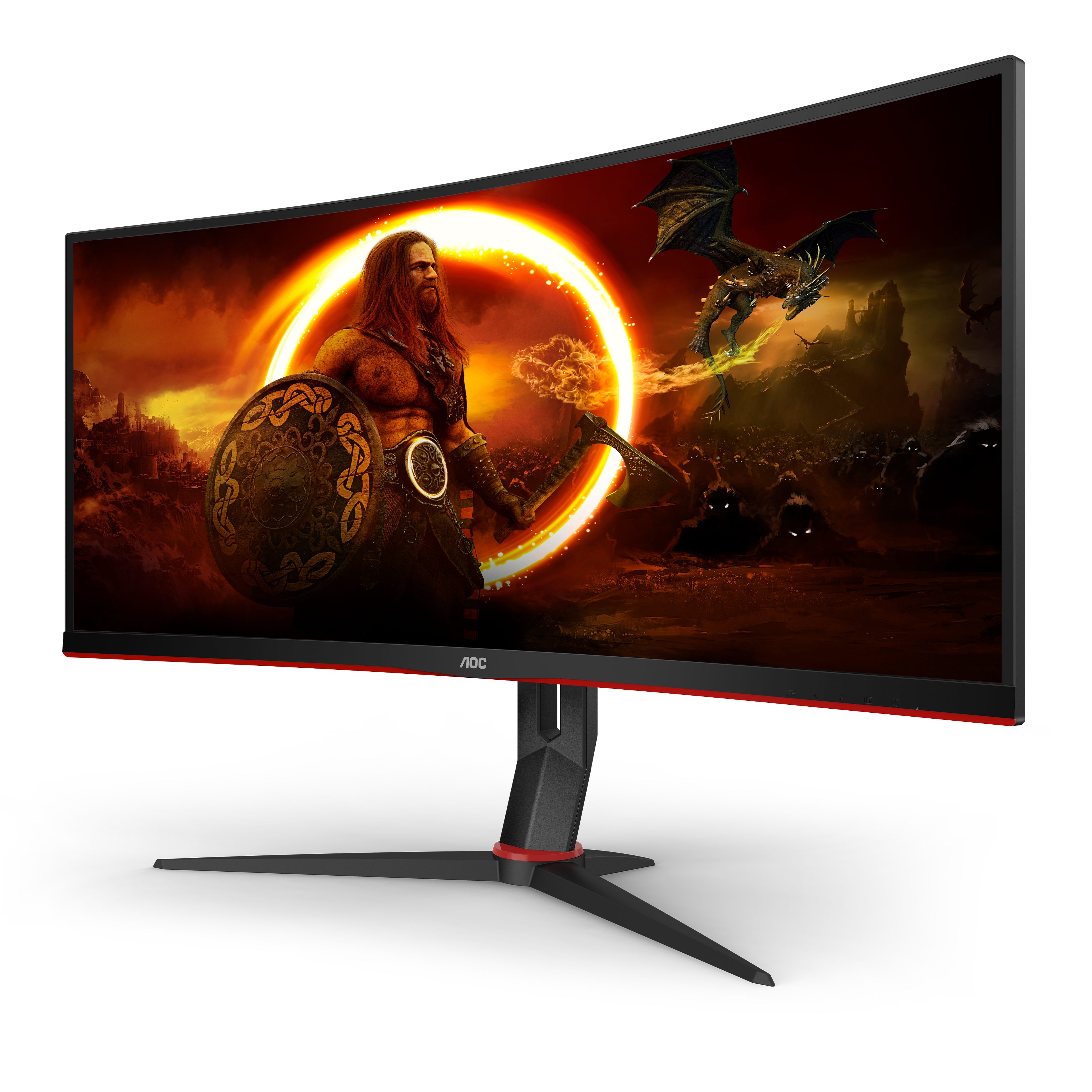 Gebogener Gaming-Monitor mit Wikingerkrieger in einer epischen Kampfszene auf dem Bildschirm.