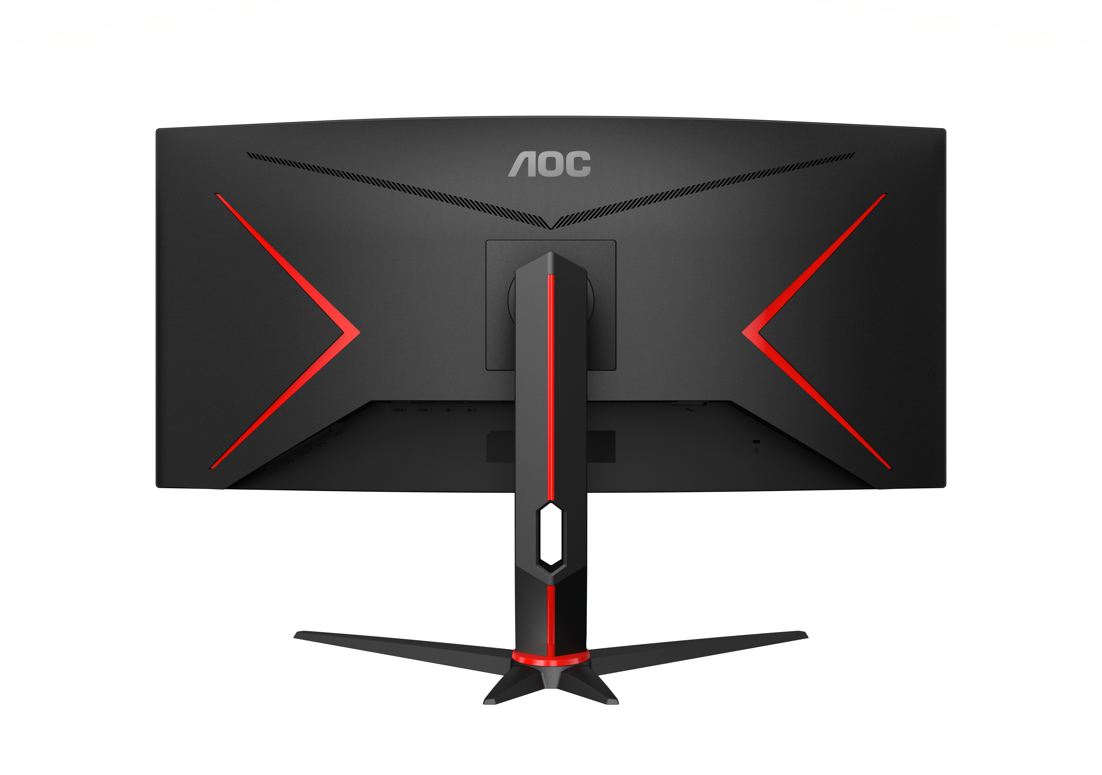 AOC-Monitor, schwarz mit roten Akzenten, Rückansicht, weißer Hintergrund.