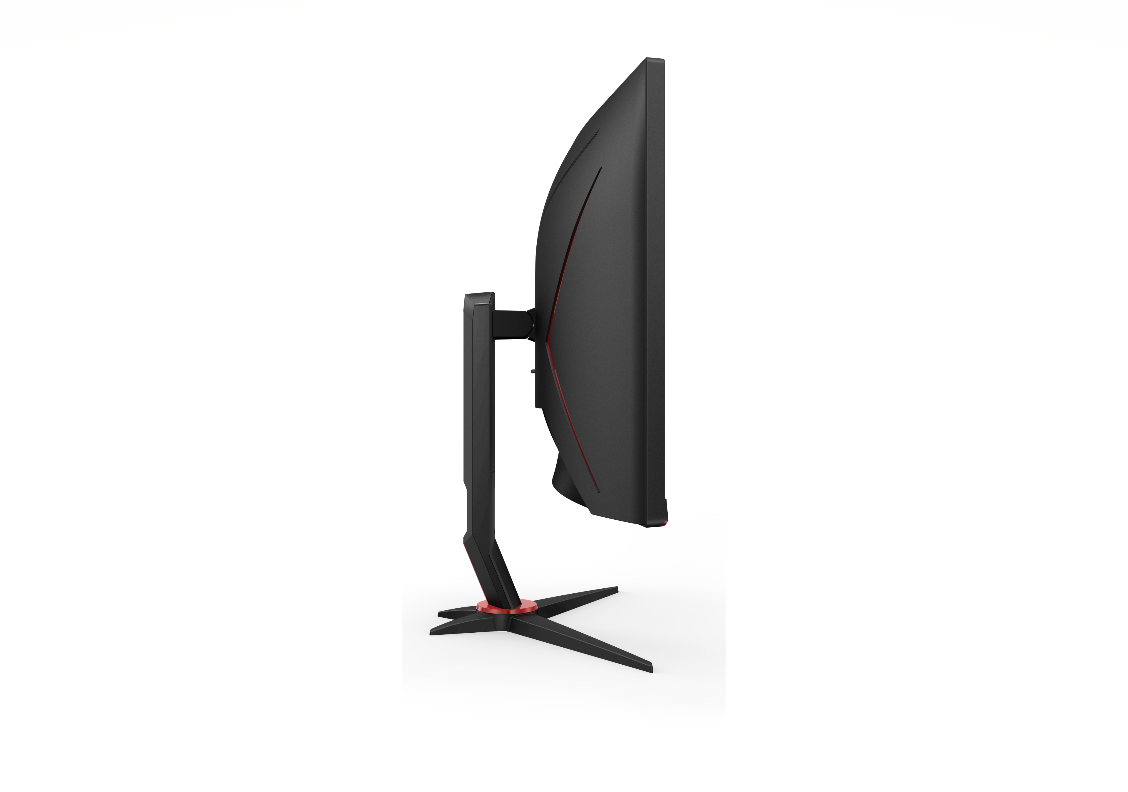 Seitenansicht eines schwarzen Monitors mit roten Akzenten, auf weißem Hintergrund.