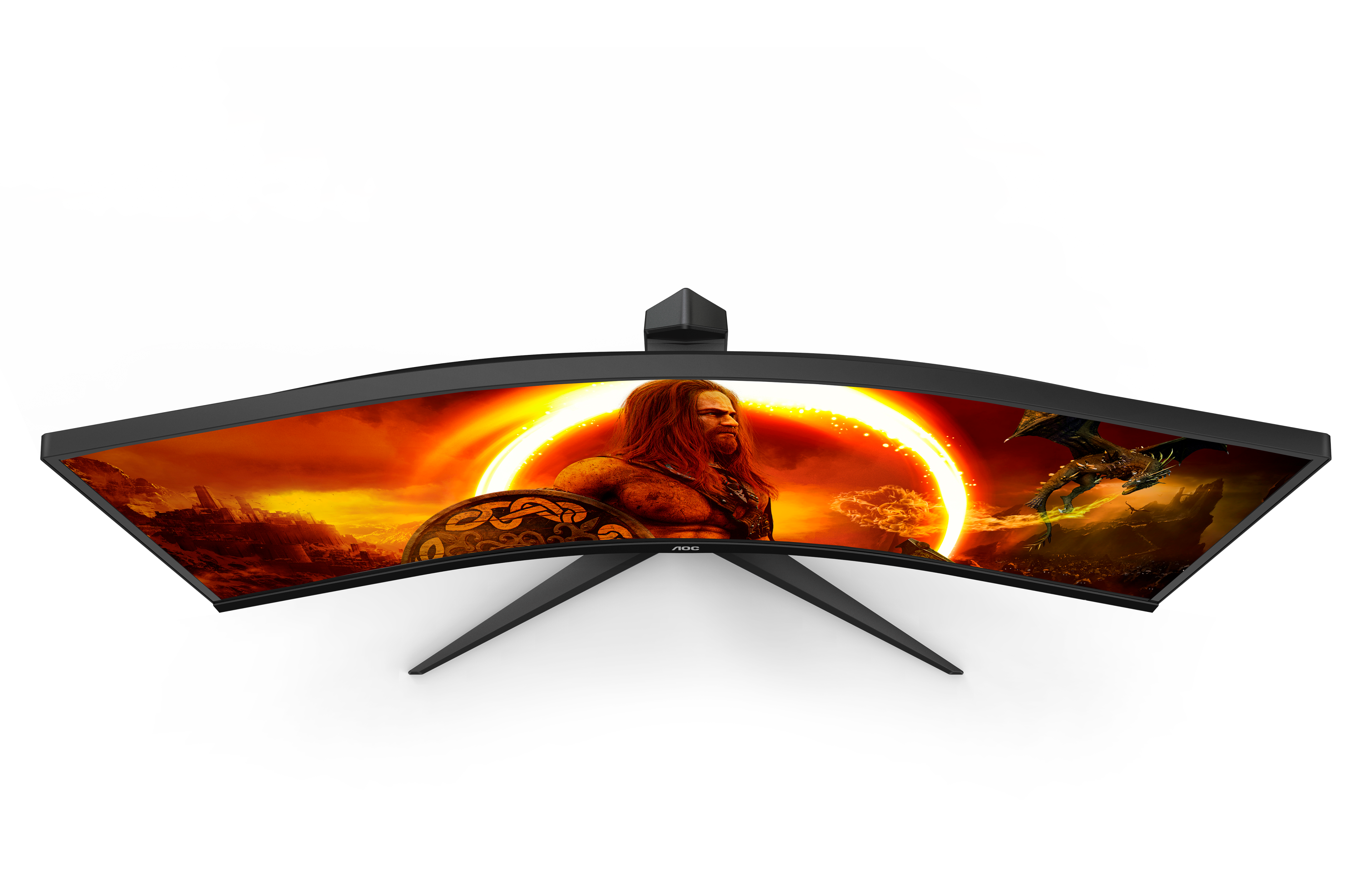 Ein gekrümmter Monitor, der eine Kriegerszene zeigt, mit weißem Hintergrund und schwarzem Ständer.