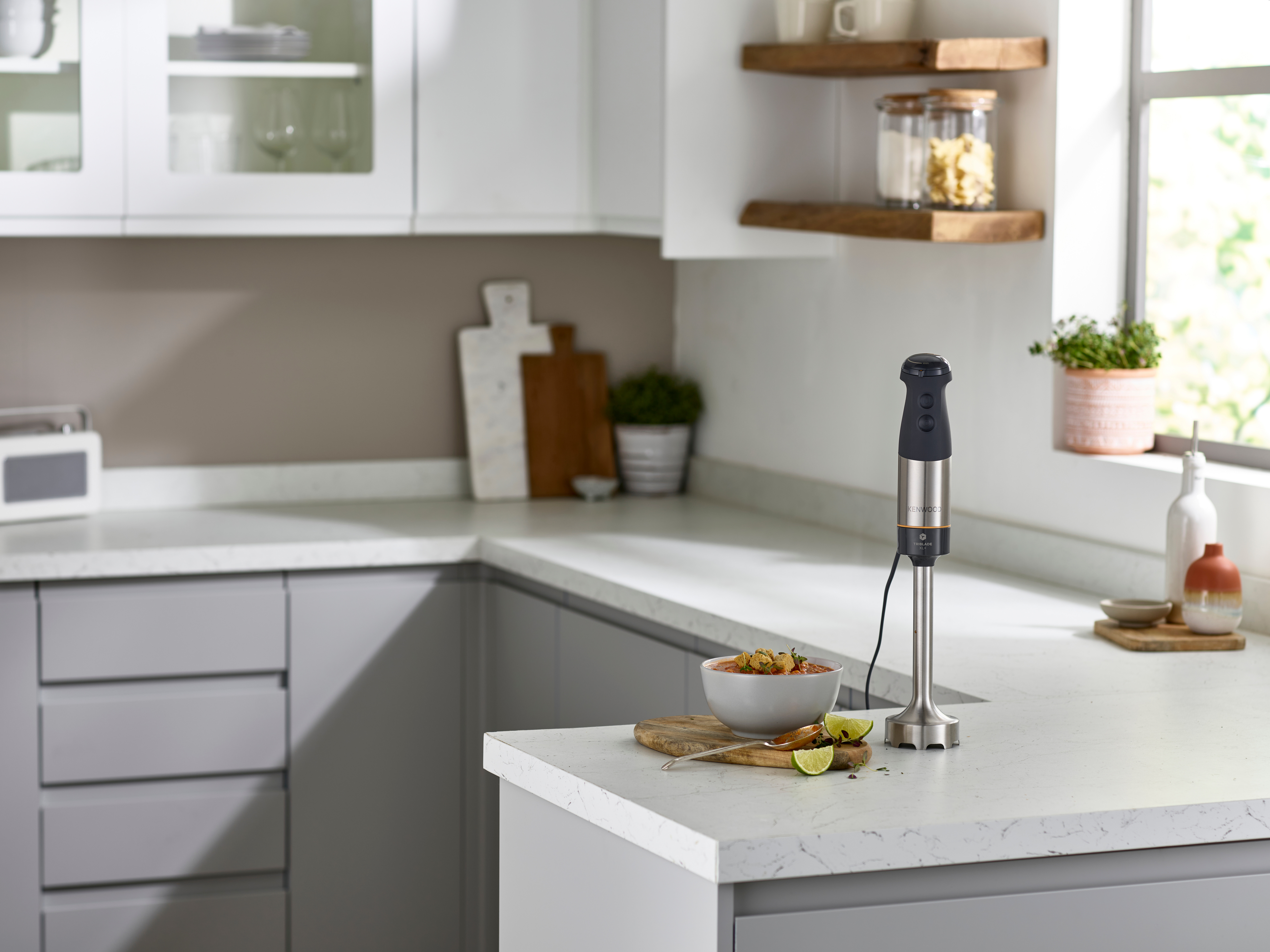 Küchentheke mit Mixer, Gemüse und einer Schüssel mit Essen. Hintergrund: Schränke und Fenster.