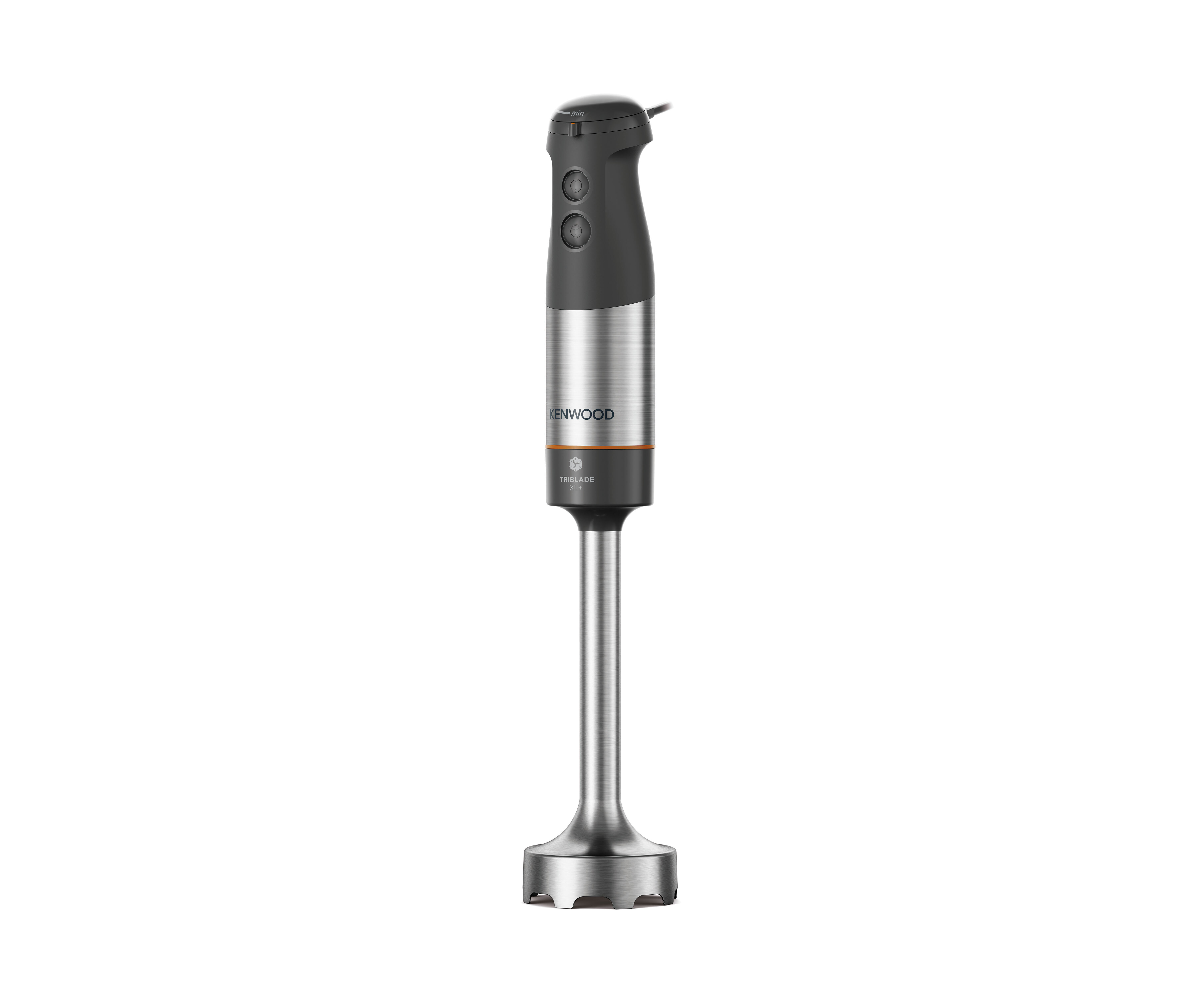 Ein Kenwood-Handmixer in Silber und Schwarz auf weißem Hintergrund.