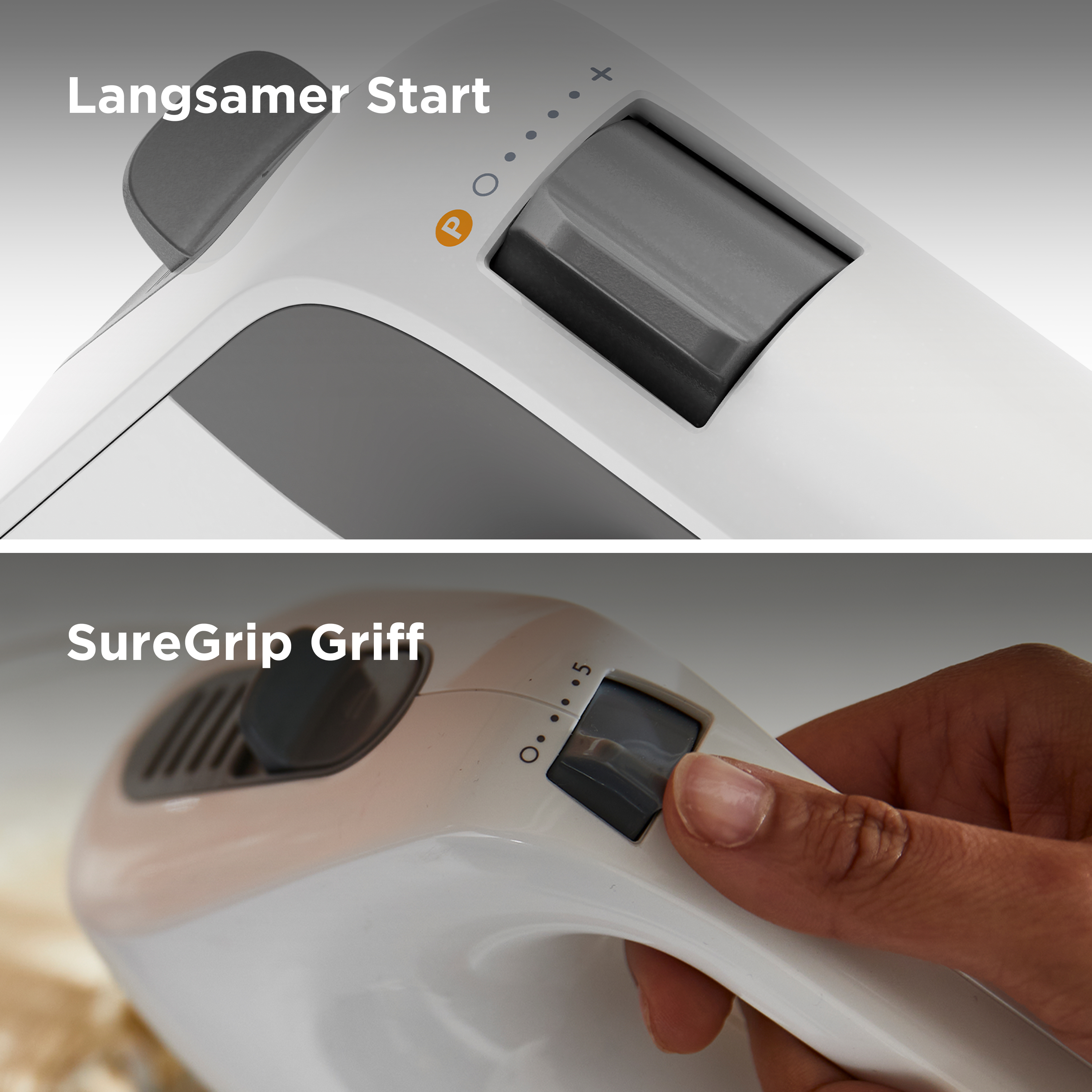 Handmixer mit weiß-grauem Gehäuse und Bedienfeld.