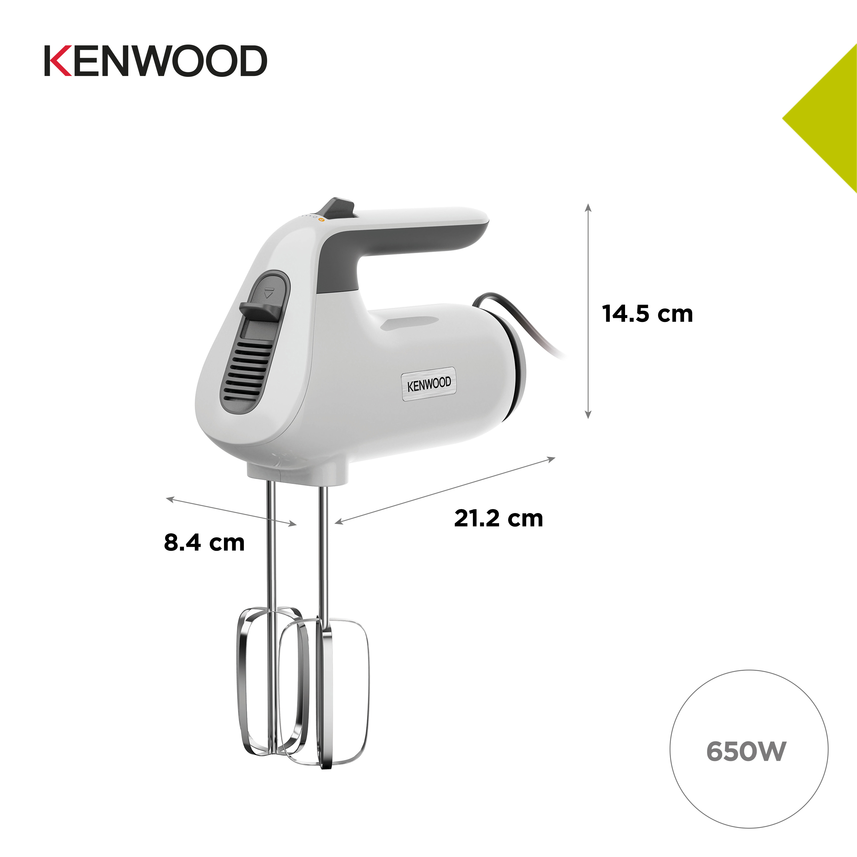Weißer Handmixer mit Maßangaben. Kenwood-Logo ist sichtbar.