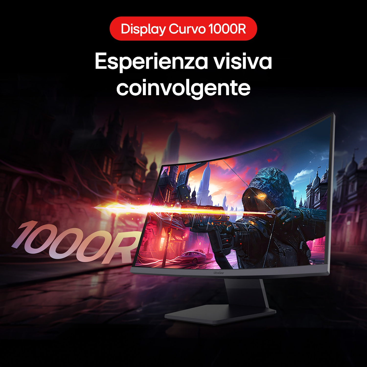 Monitor curvo che mostra una scena futuristica con un guerriero che mira un arco. Testo: '1000R' e testo italiano.