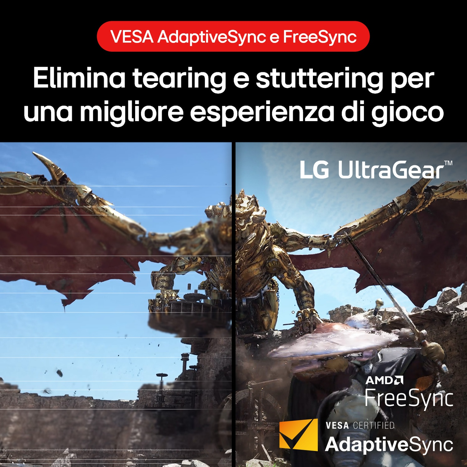 Uno schermo diviso che mostra un videogioco. Il lato sinistro ha tearing, il destro è liscio.