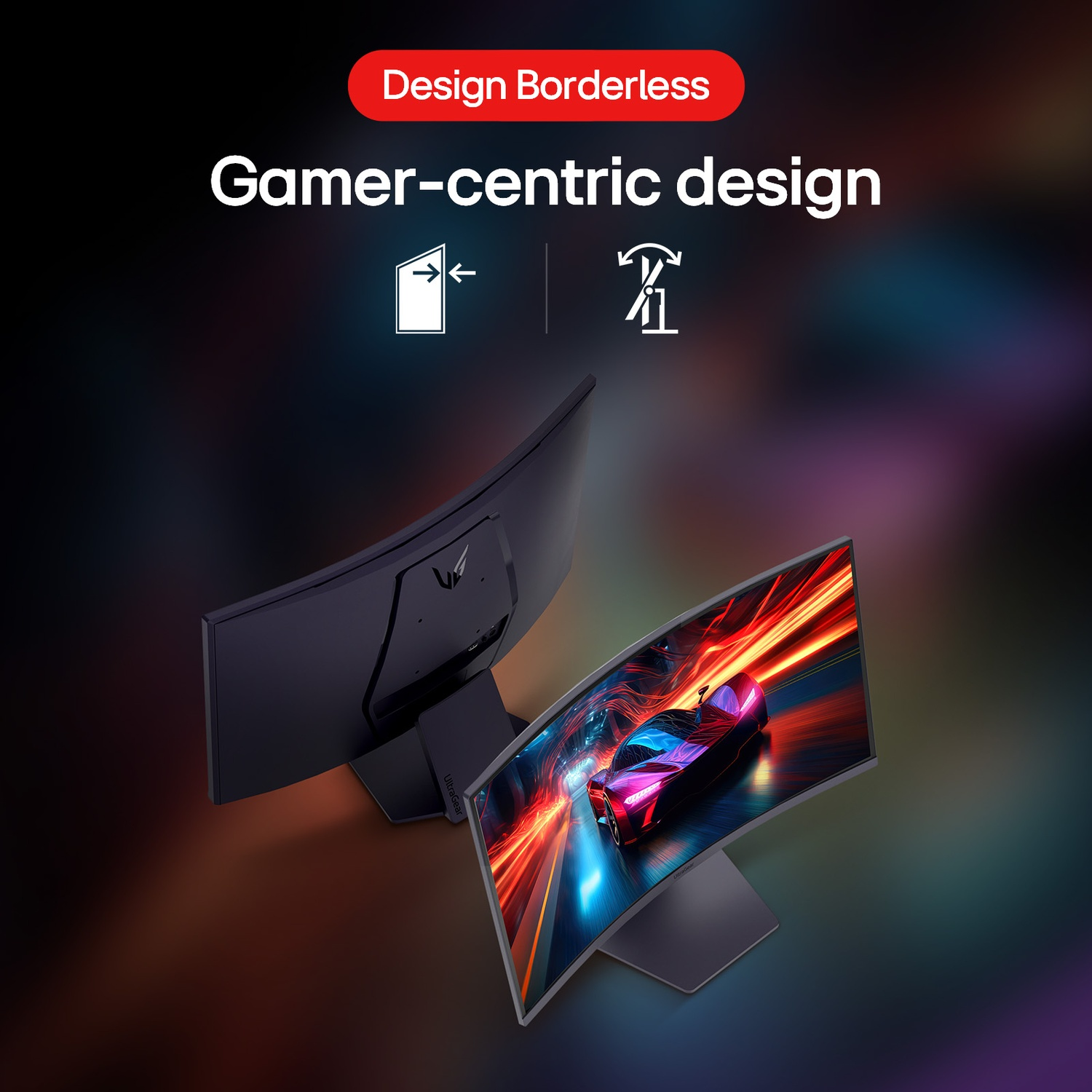 Due monitor neri curvi con display colorati. Banner di testo rosso: Design Borderless.