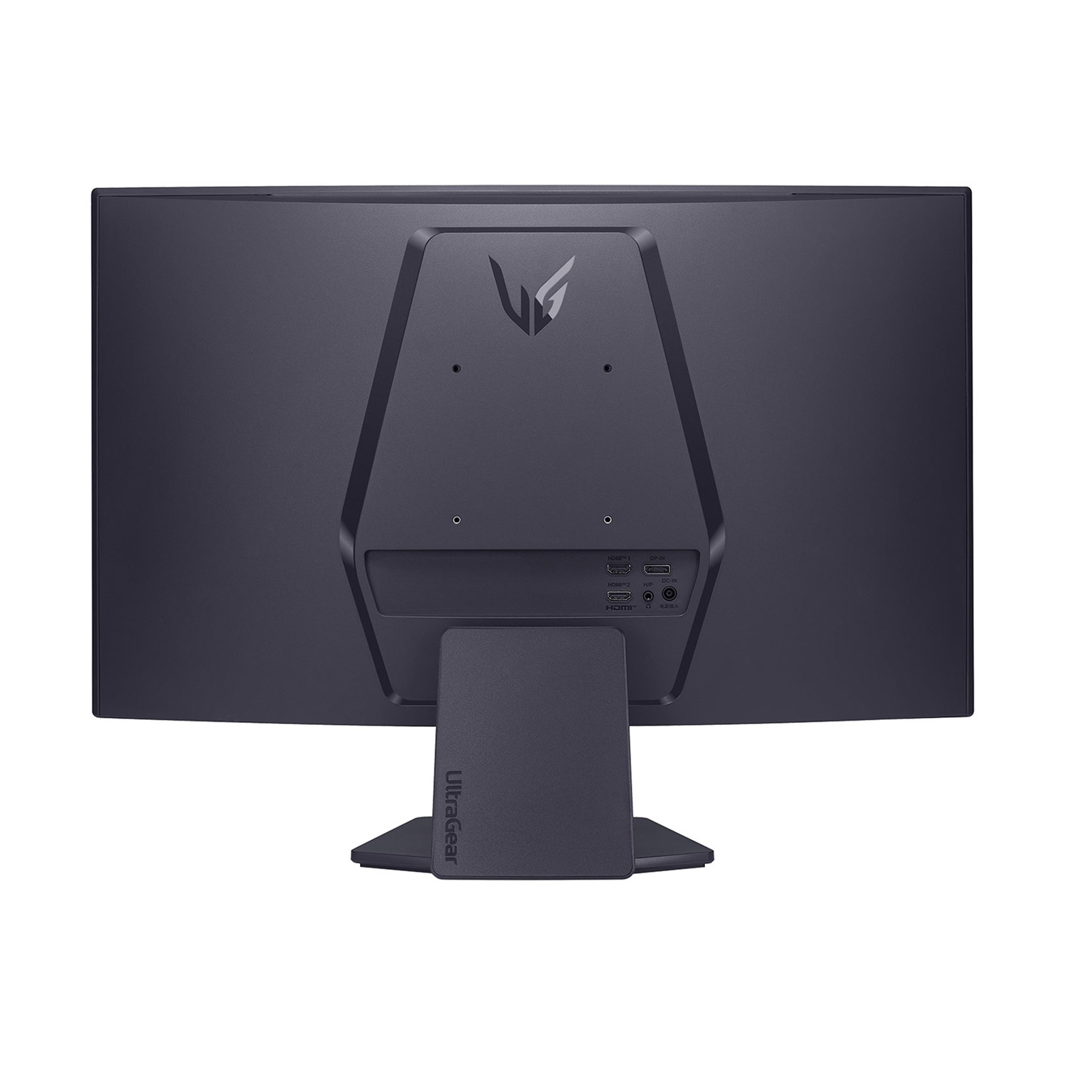 Il retro di un monitor scuro con supporto e varie porte.