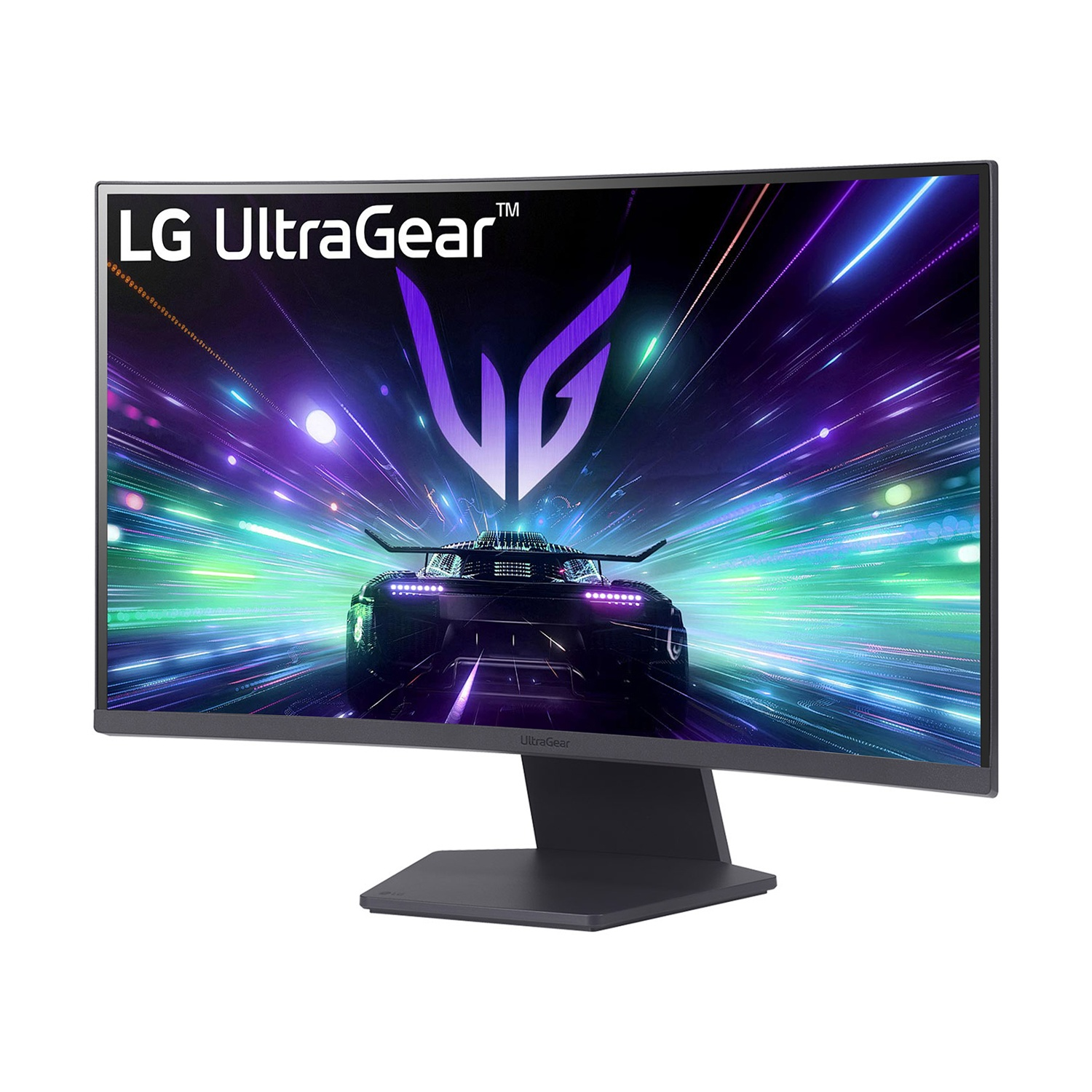 Monitor LG UltraGear, scena di gioco. Grafica auto, colori vivaci. Supporto nero, sfondo bianco.