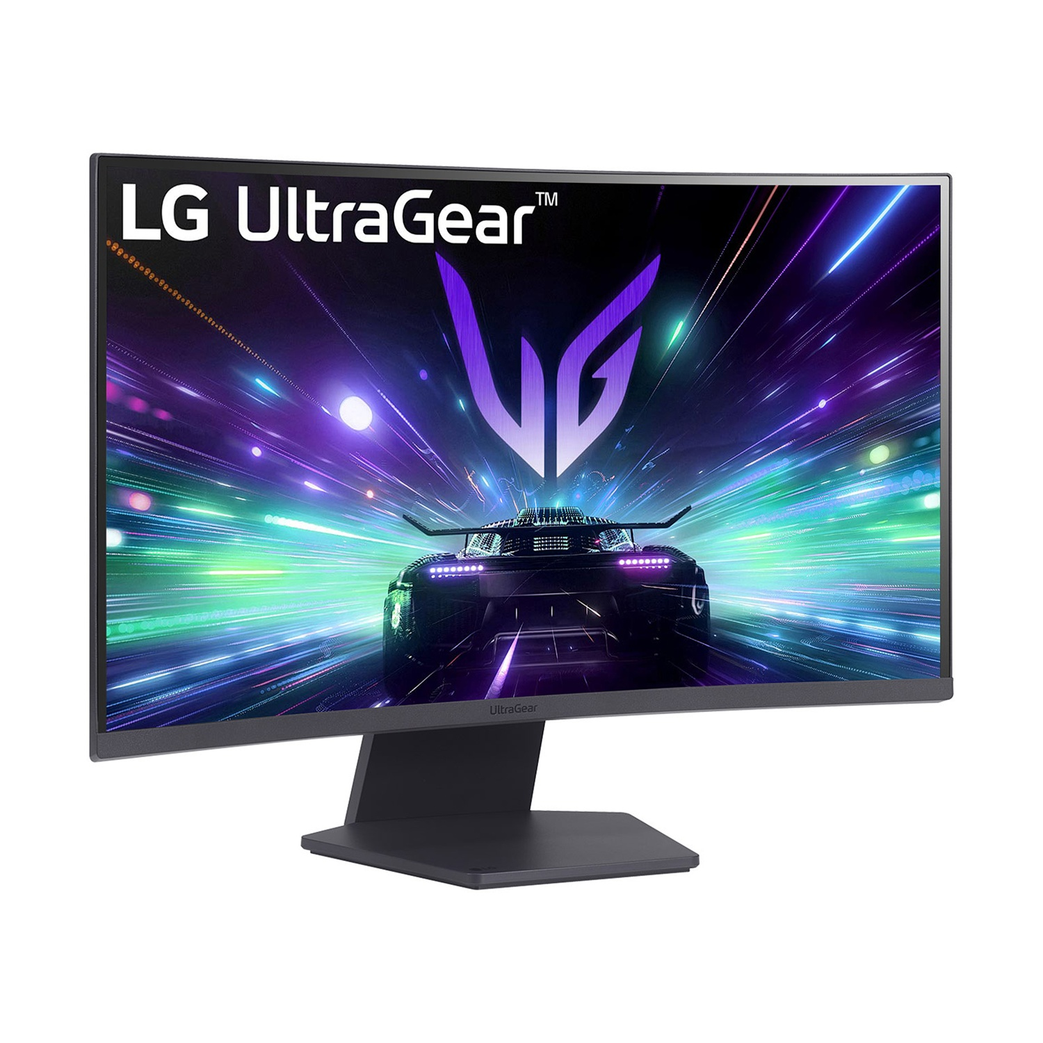 Monitor LG UltraGear con gioco di corse automobilistiche sullo schermo, supporto nero e sfondo bianco.