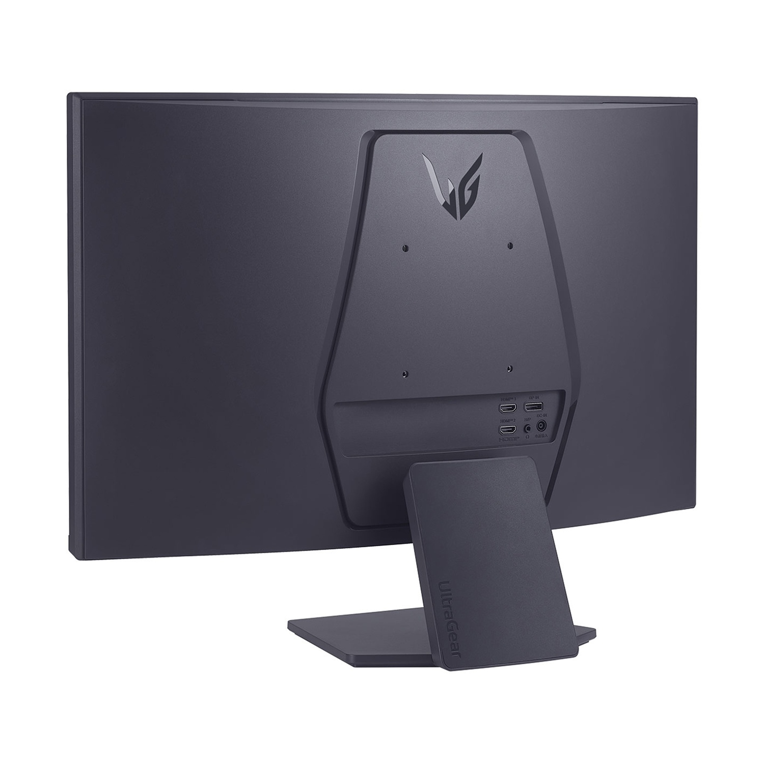 Retro del monitor scuro, supporto e porte. Il retro ha un logo.