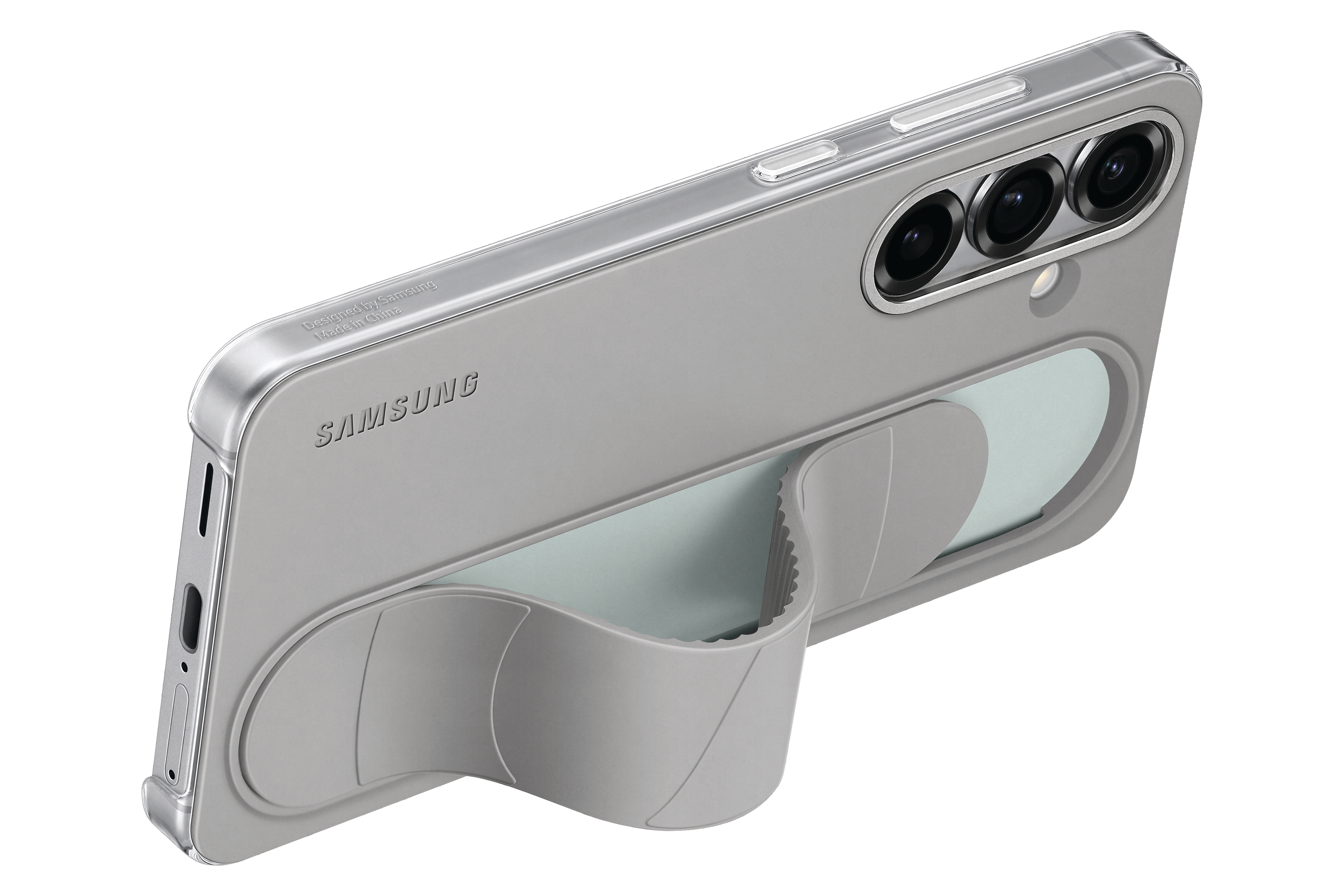 Eine hellgraue Handyhülle mit Stifthalter. Das Samsung-Logo ist sichtbar.