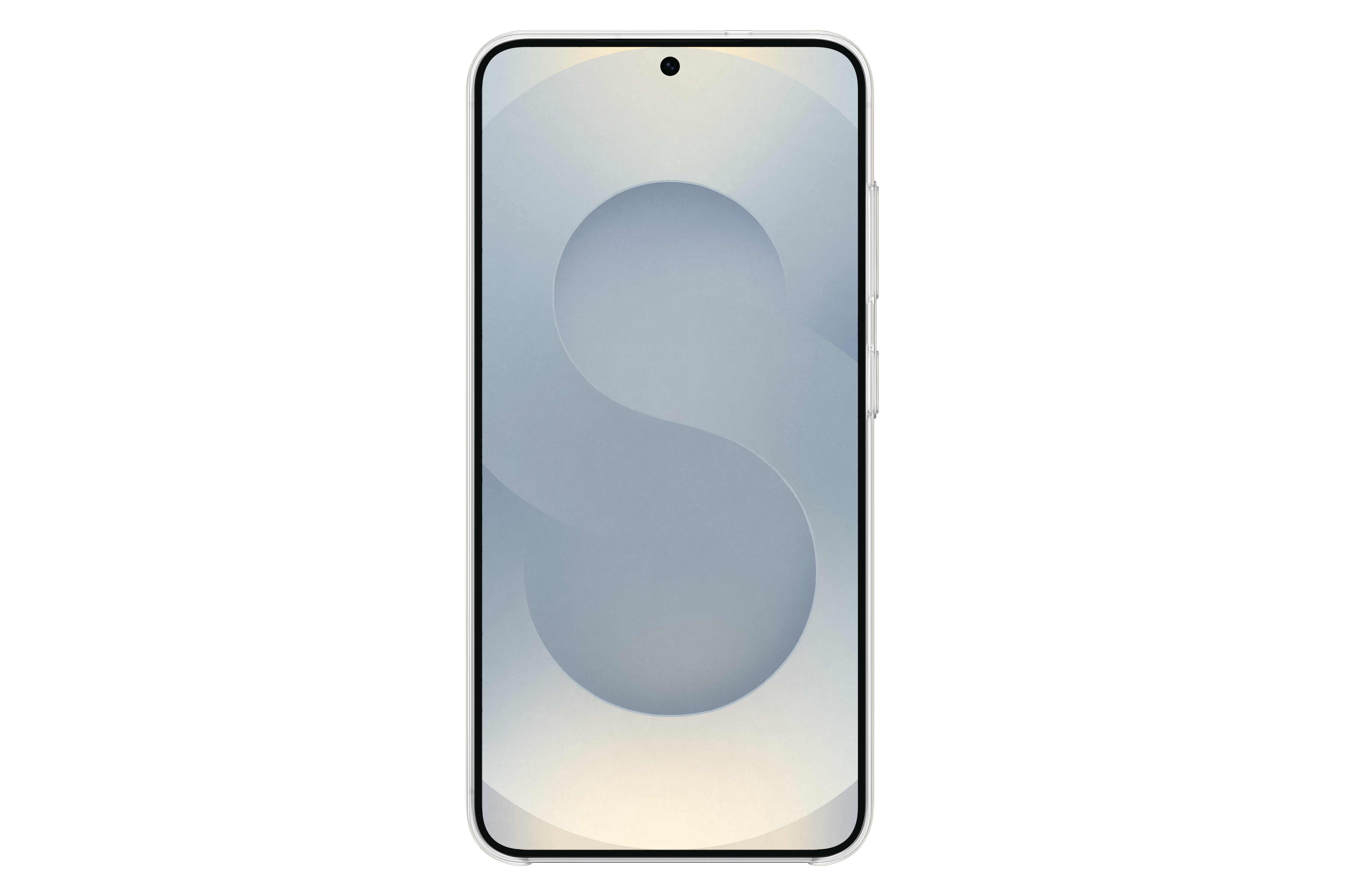 Ein weißes Smartphone mit S-Logo-Hintergrund vor weißem Hintergrund.