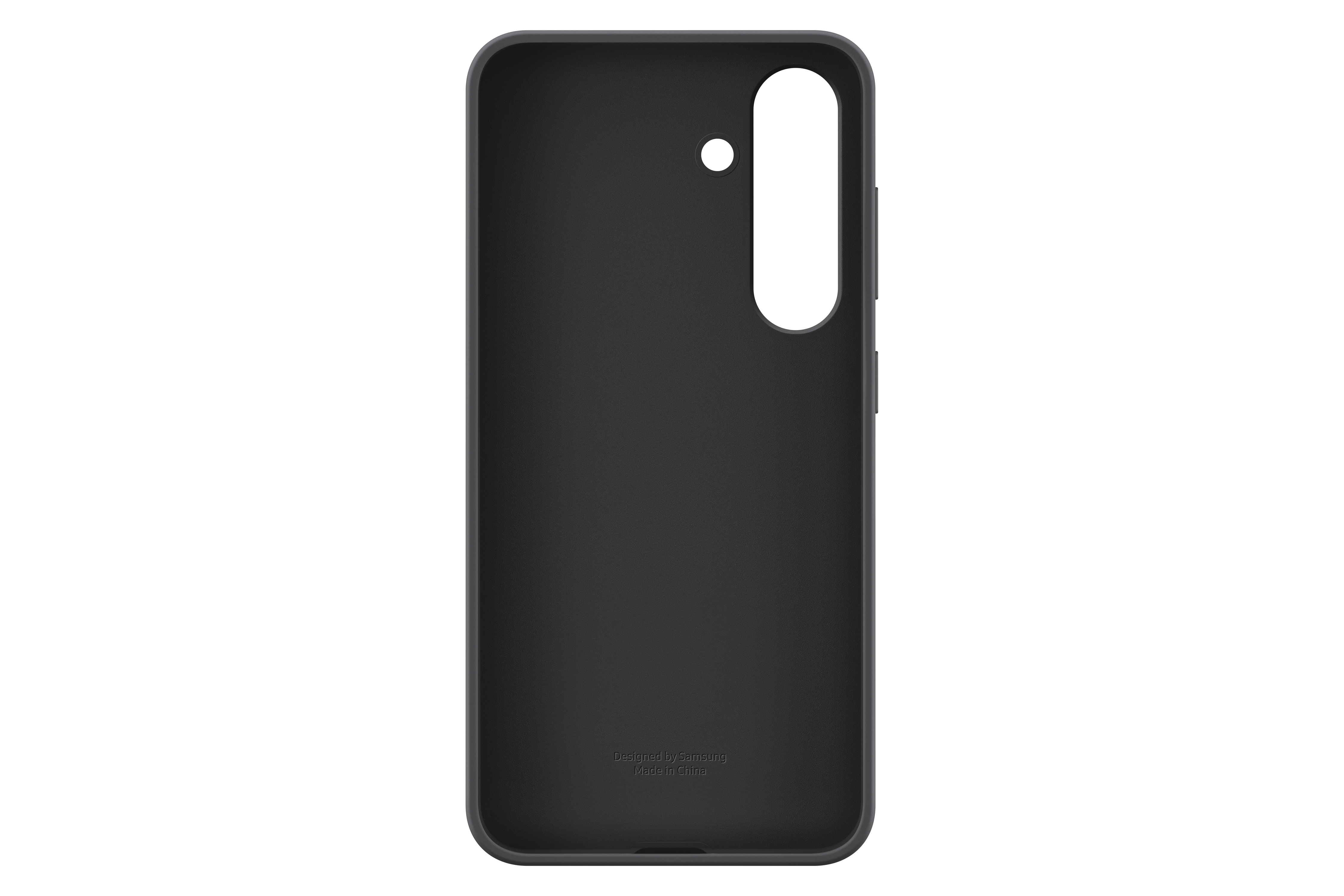 Eine schwarze Handyhülle. Es trägt die Aufschrift „Designed by Samsung“ und „Made in China“.