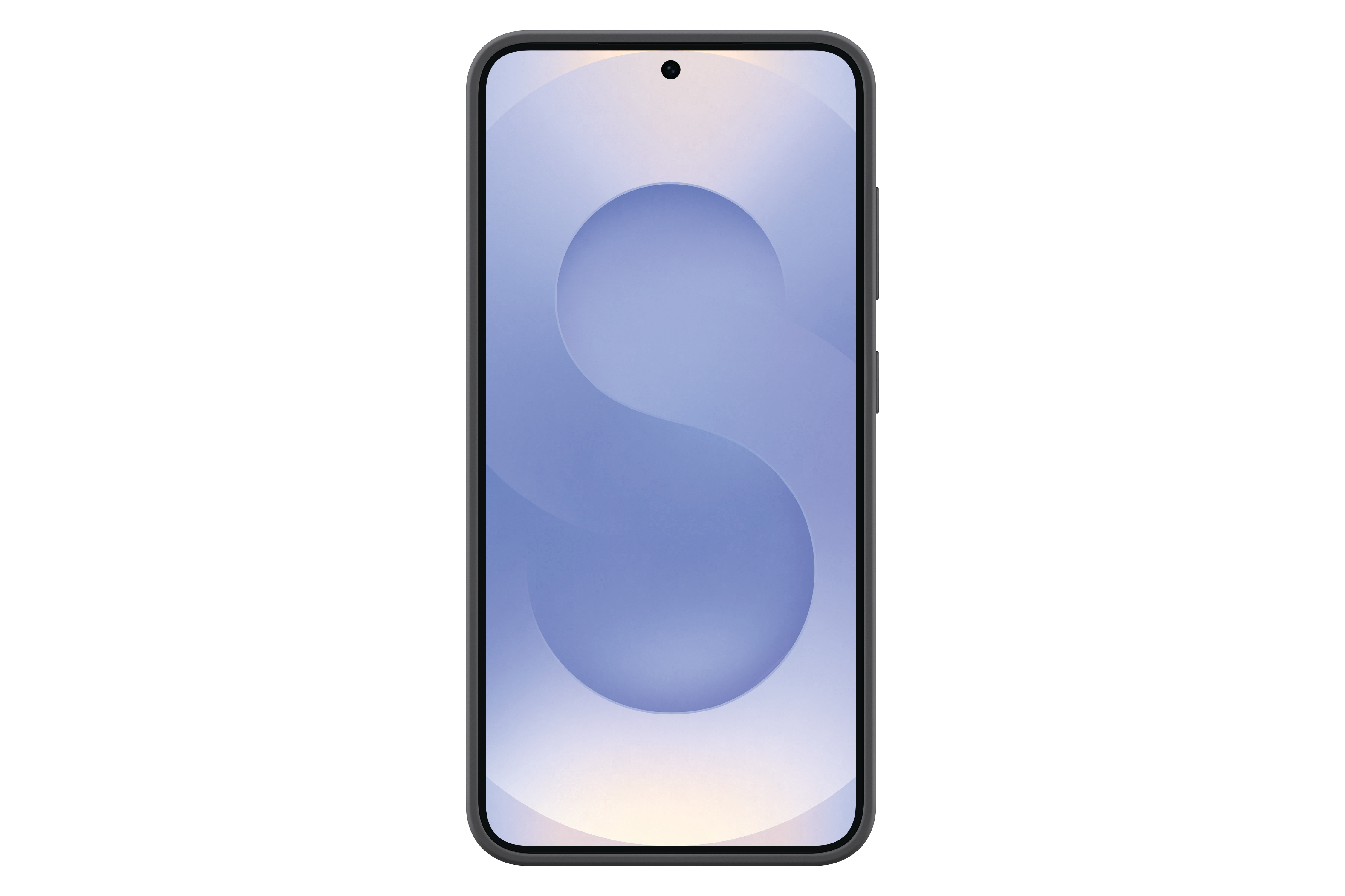 Smartphone mit Bildschirm, der eine blau-weiße S-Form zeigt, isoliert auf weißem Hintergrund.