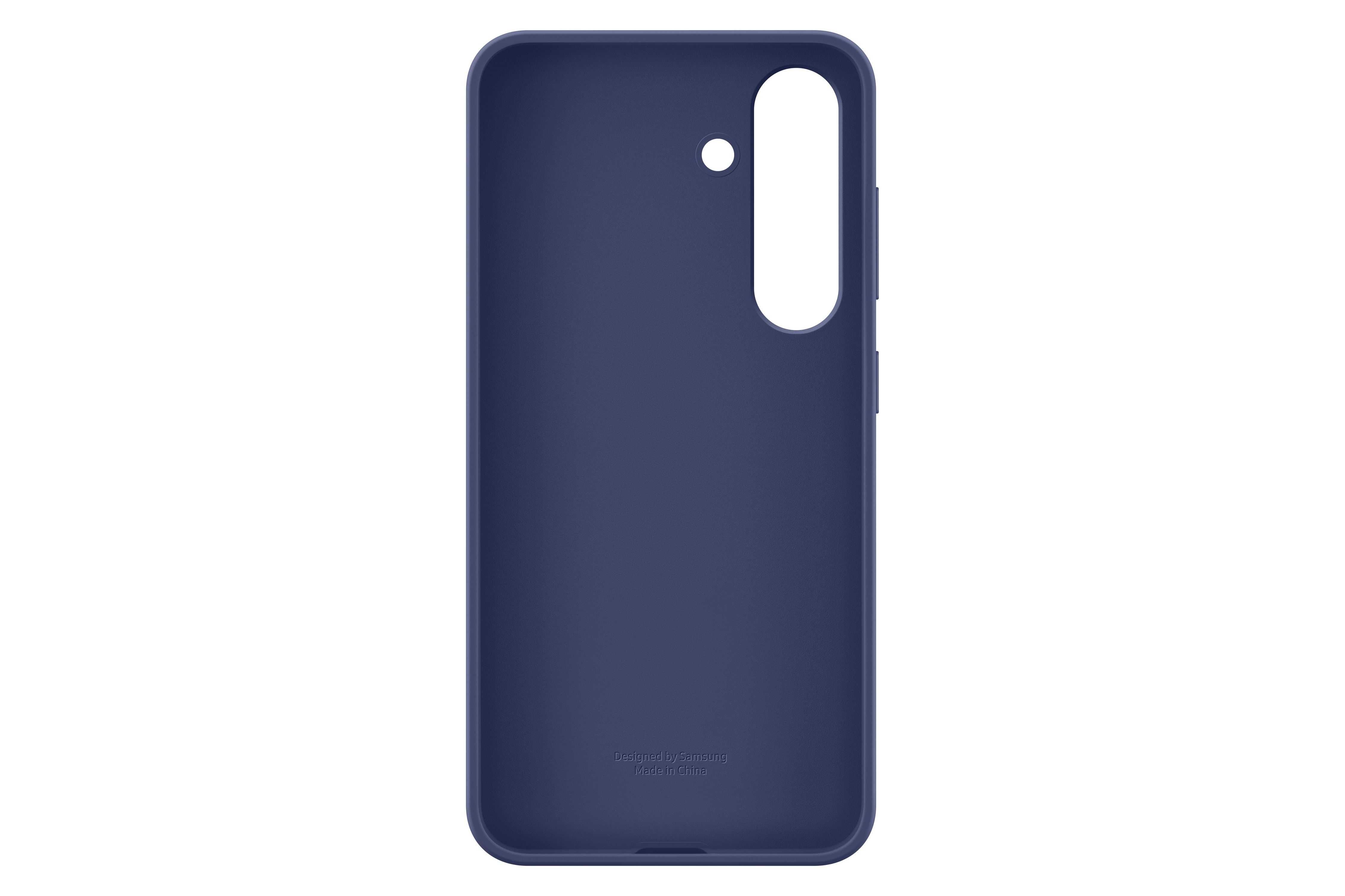 Eine dunkelblaue Handyhülle mit dem Samsung-Logo und dem Text 'Designed by Samsung'.