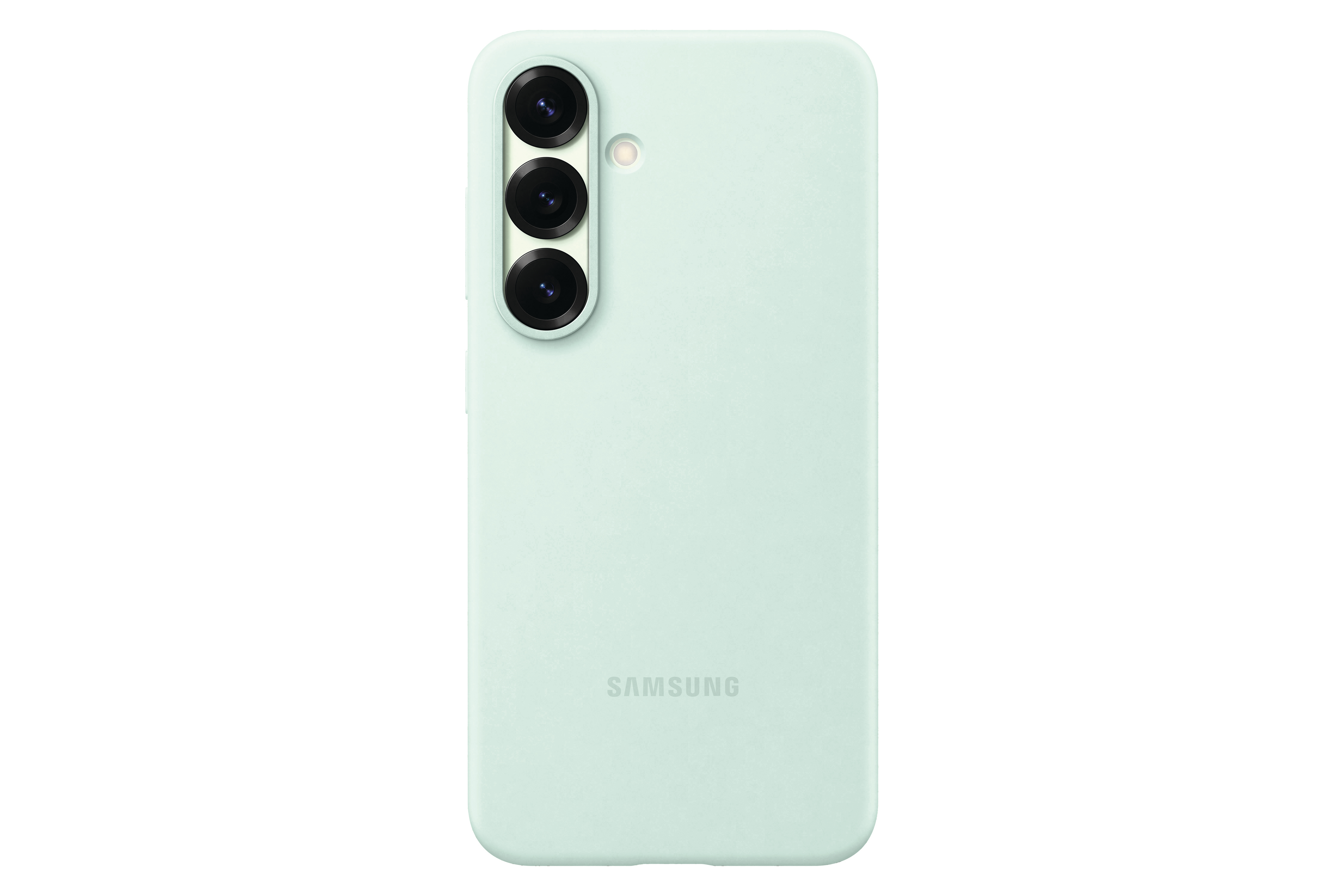 Eine hellgrüne Handyhülle mit drei Rückkameras und einem Samsung-Logo.